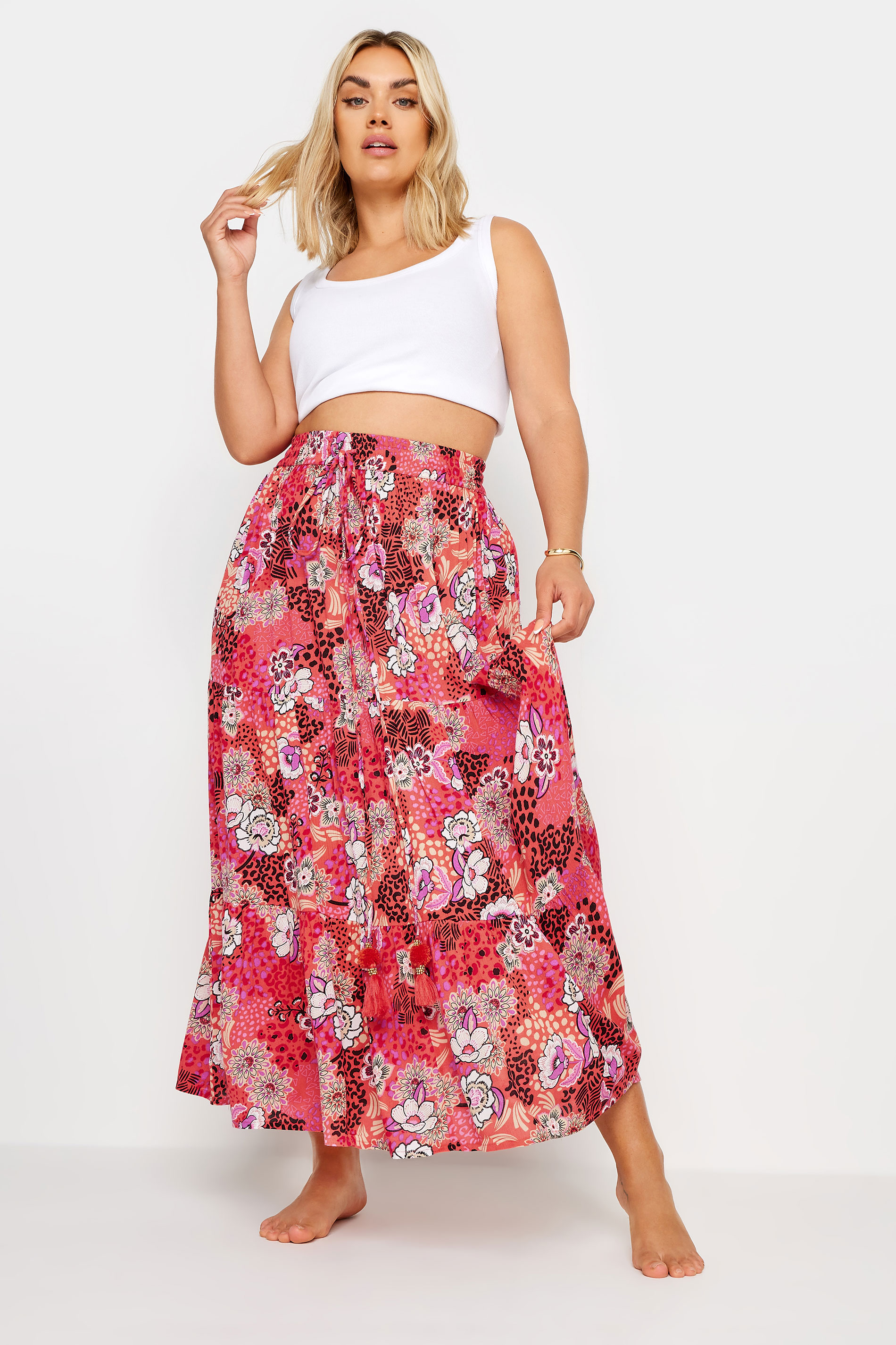 YOURS Plus Size Pink Floral Print Tiered Beach Skirt | Yours Clothing 2