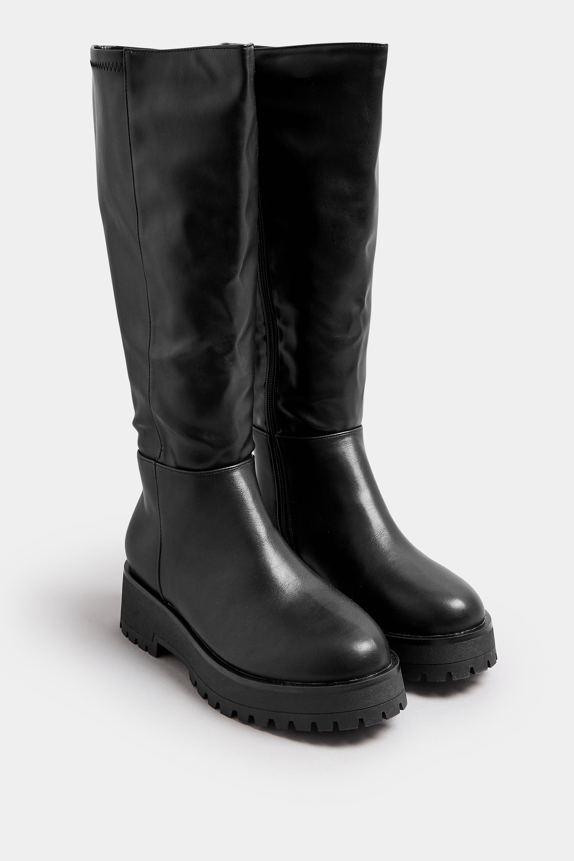 Black Faux Leather Chunky Knee High Boots In Wide E Fit & Extra Wide EEE Fit | Yours Clothing 3