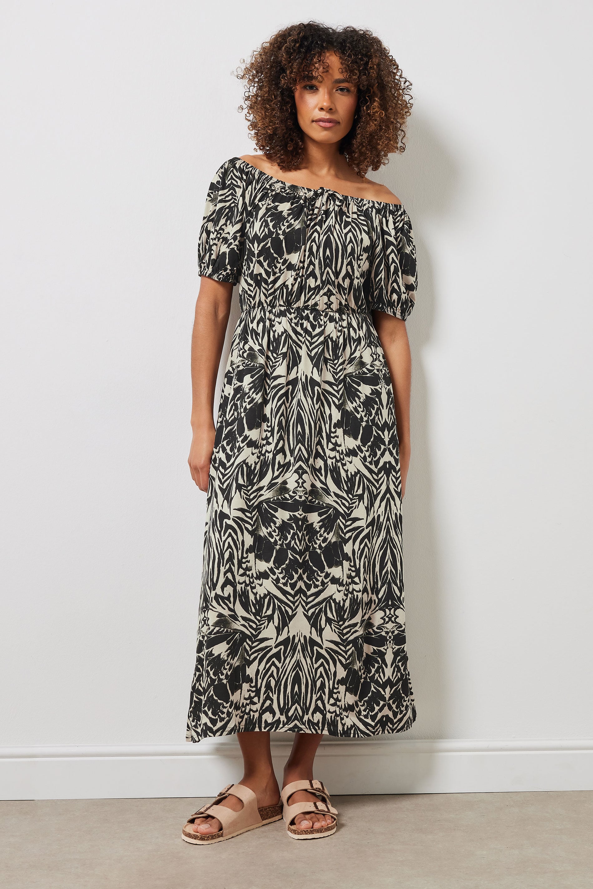 M&Co Neutral Brown & Black Abstract Print Bardot Dress 1