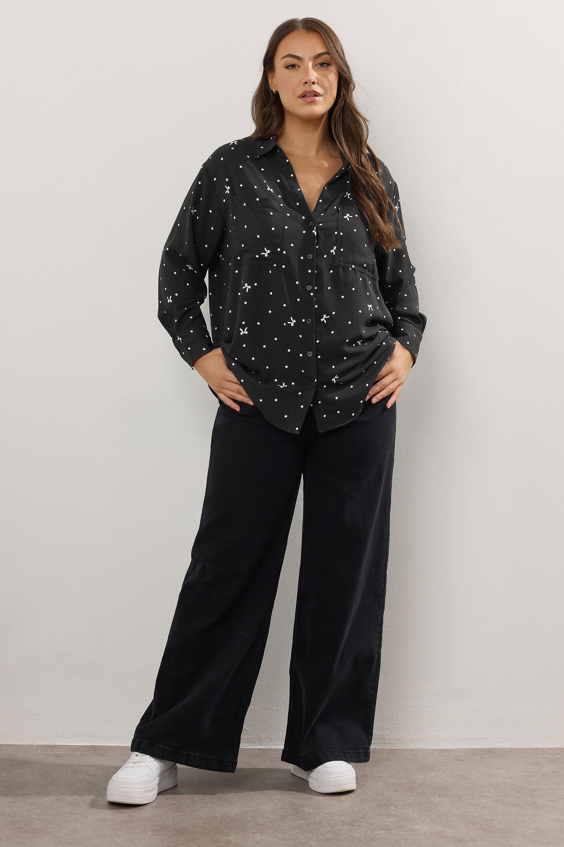 YOURS Plus Size Black Bow Print Crinkle Blouse | Yours Clothing 1