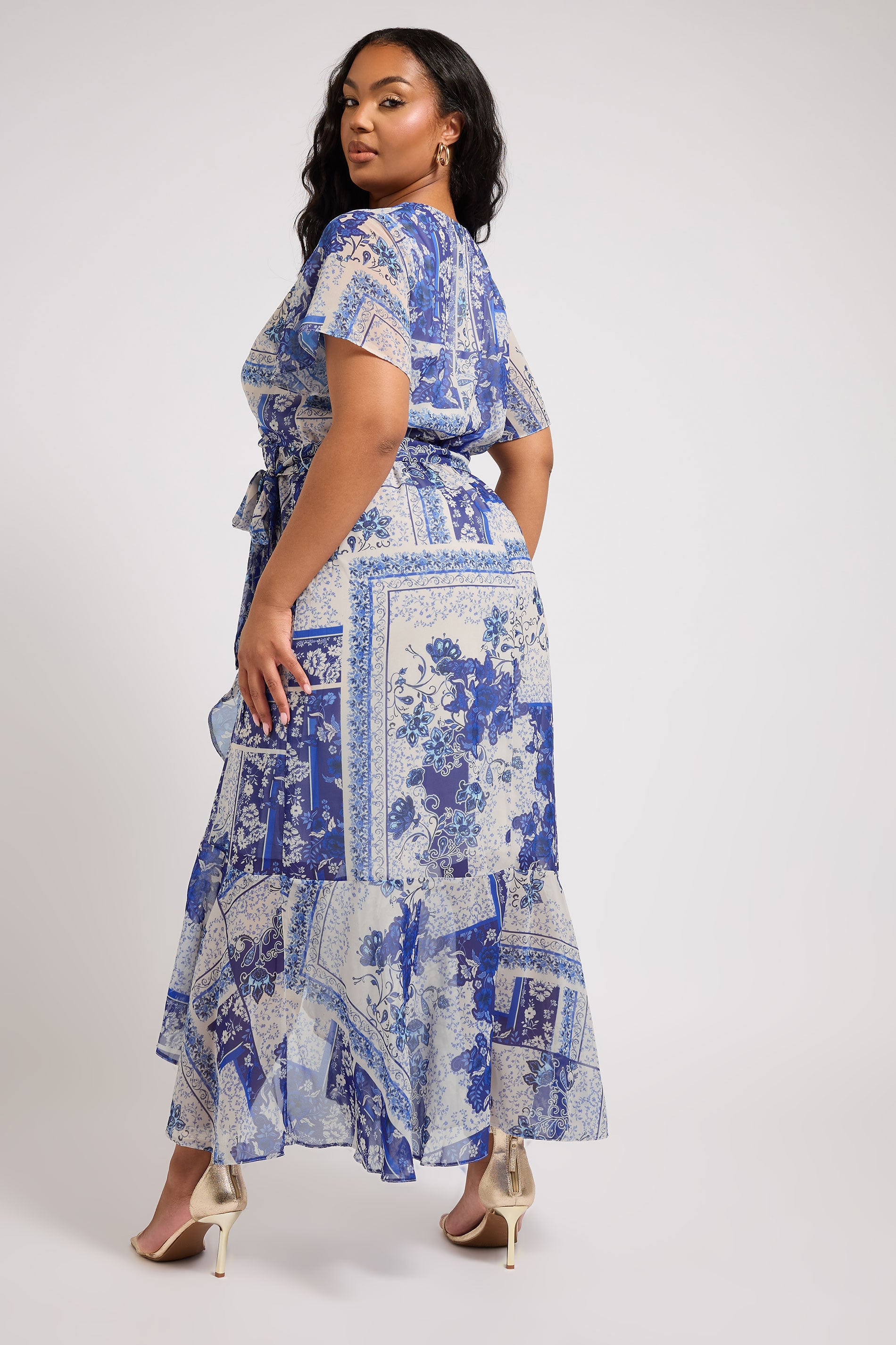 YOURS LONDON Plus Size Blue Scarf Print Ruffle Wrap Dress | Yours Clothing 2