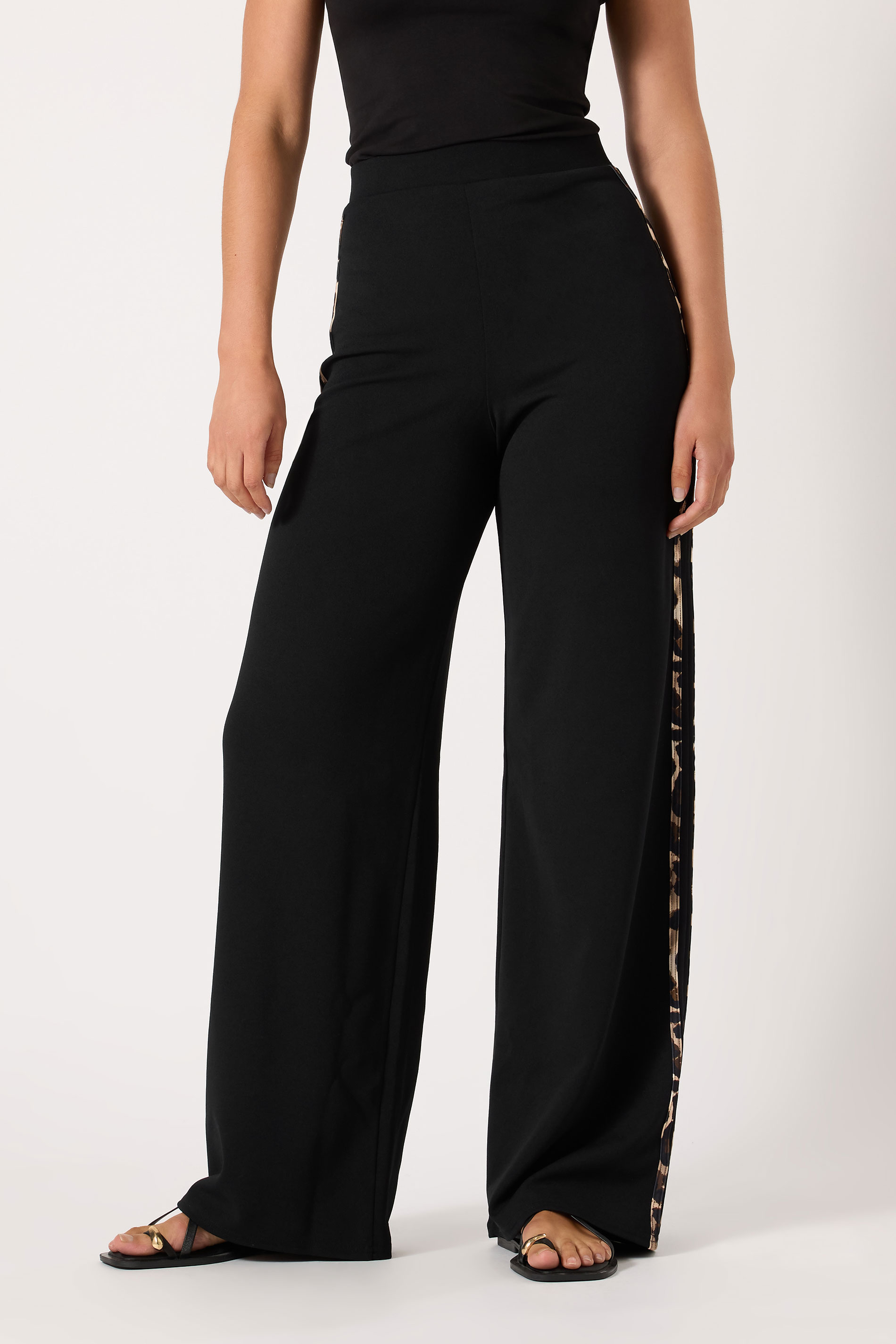 LTS Tall Black Leopard Print Wide Leg Trousers | Long Tall Sally 1