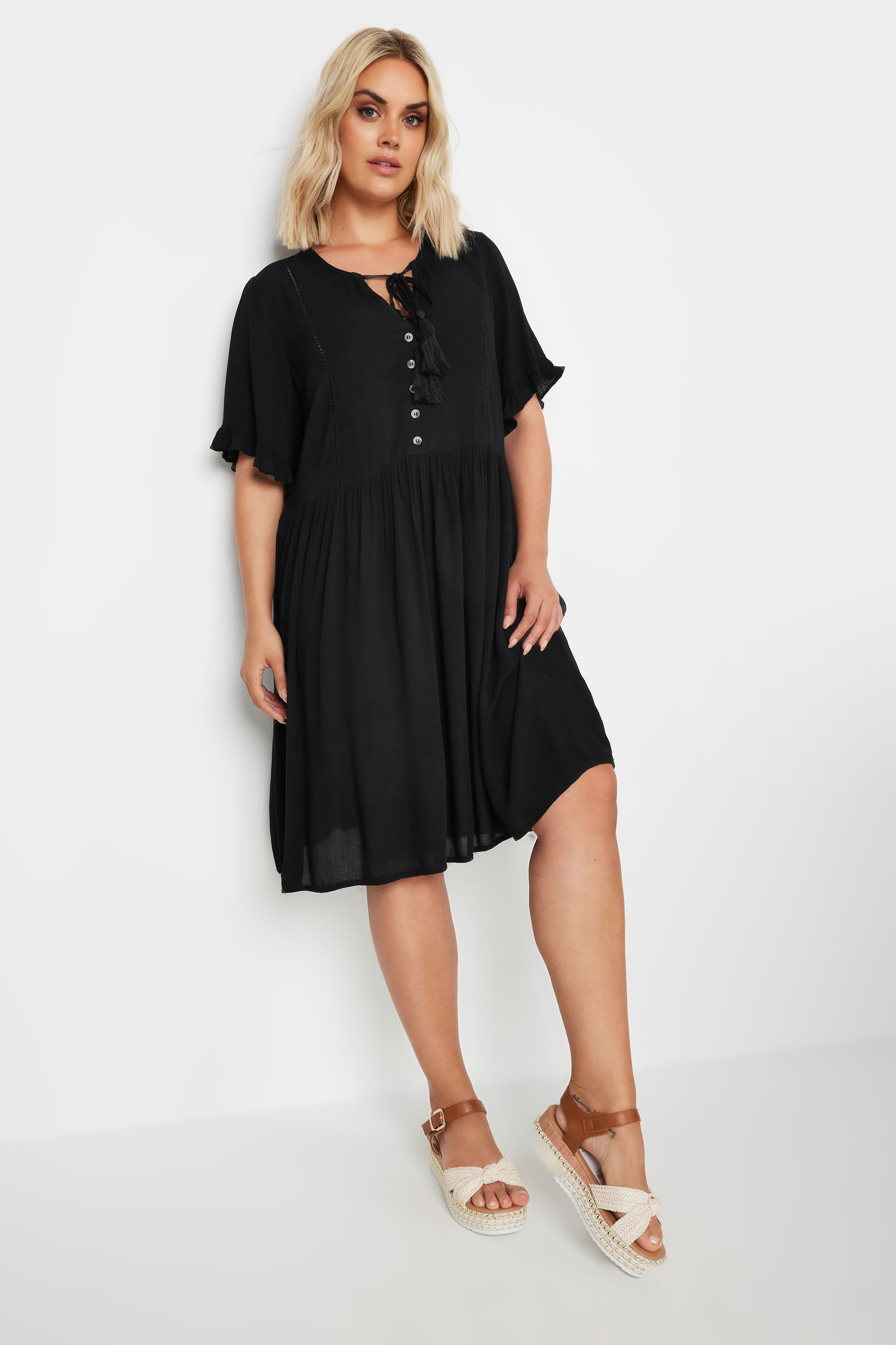 YOURS Plus Size Black Crinkle Tie Neck Dress | Yours Clothing 2