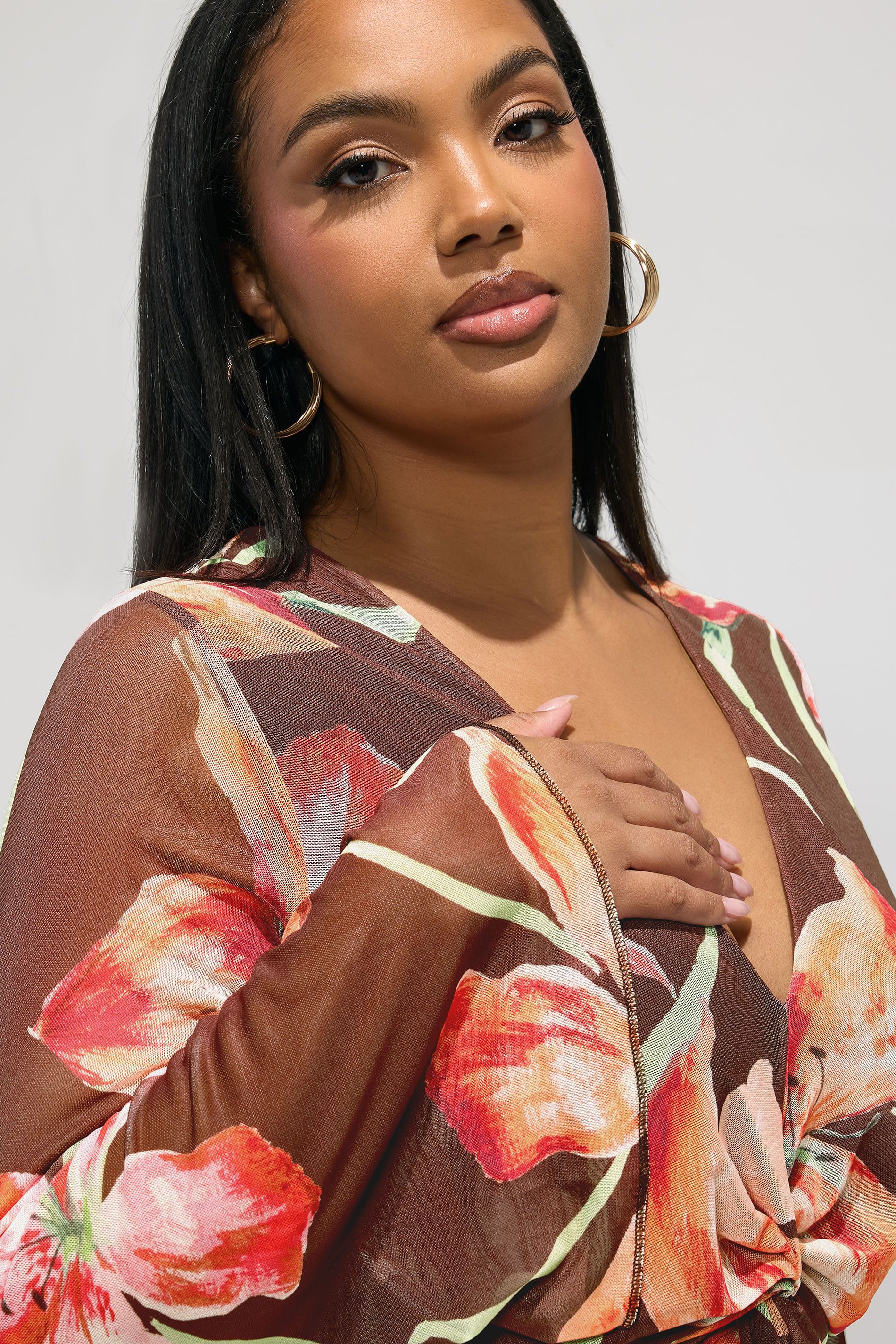 YOURS LONDON Plus Size Brown Floral Mesh Maxi Dress | Yours Clothing 5