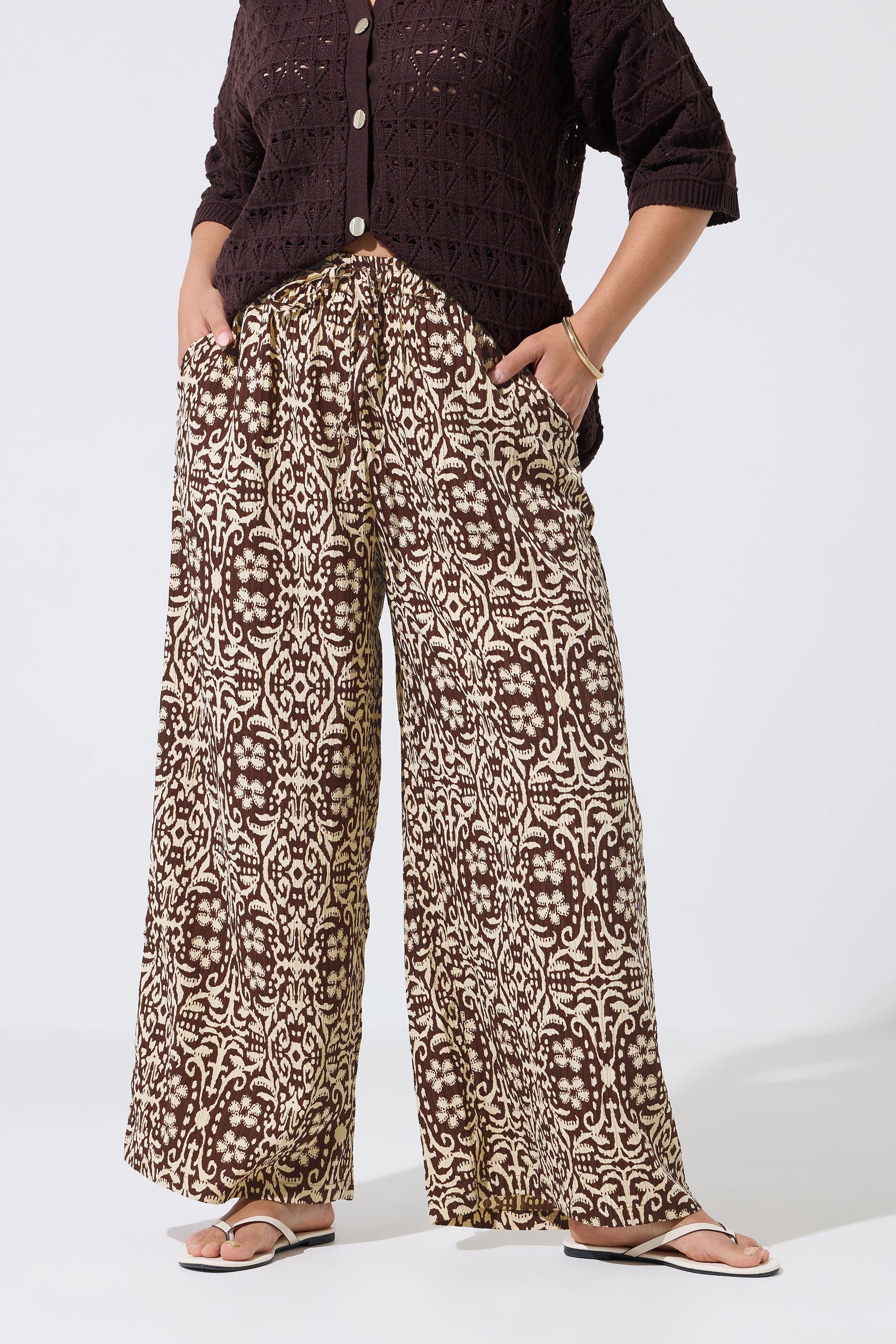 LIMITED COLLECTION Plus Size Brown Abstract Wide Leg Trousers | Yours Clothing 1