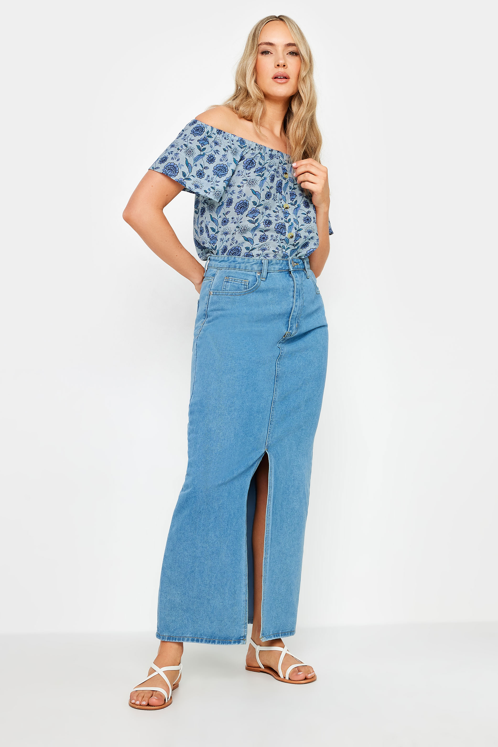 LTS Tall Women's Blue Floral Print Button Detail Bardot Top | Long Tall Sally 3