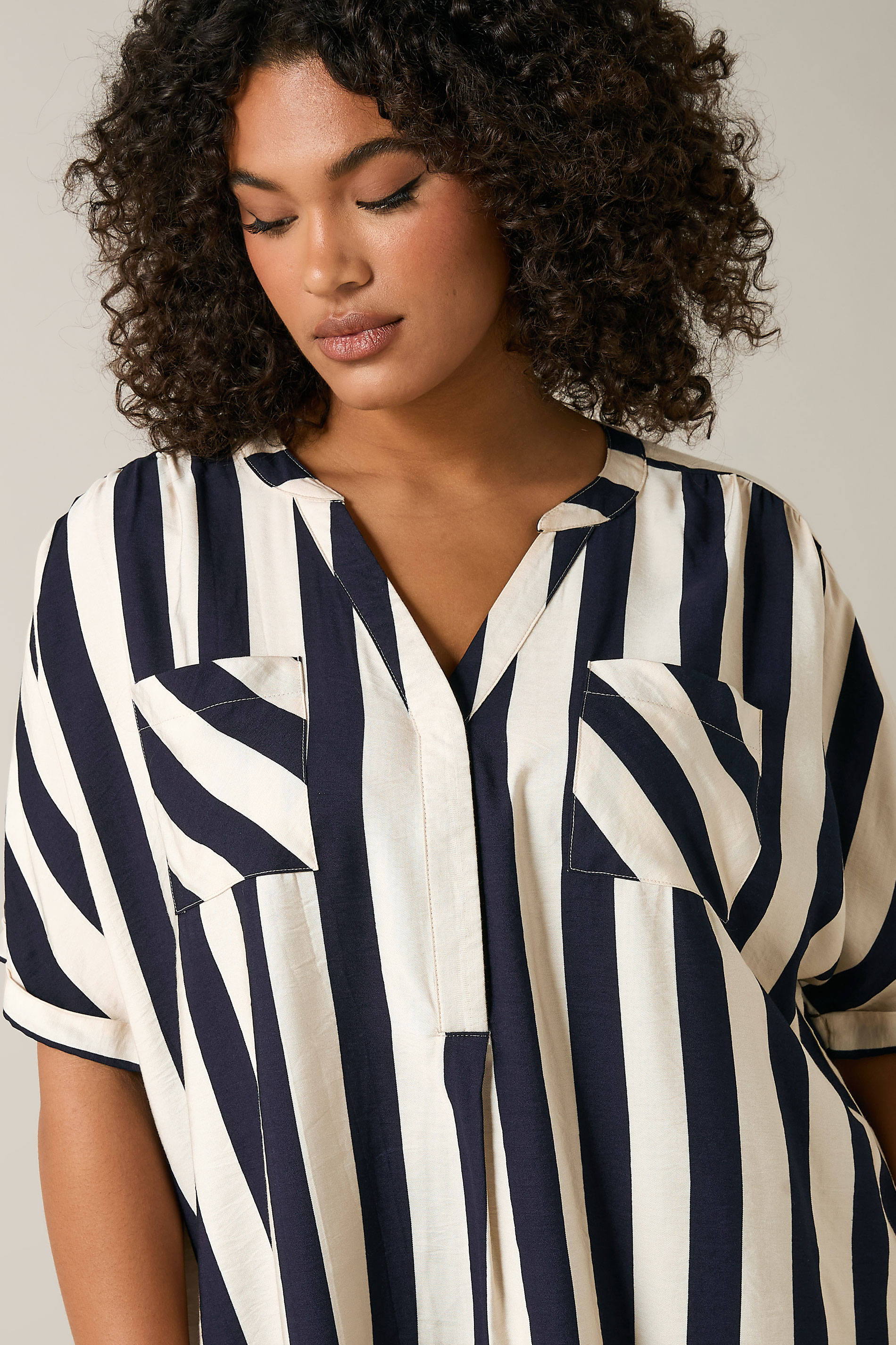 EVANS Plus Size Navy Blue Stripe Overhead Utility Shirt | Evans 5