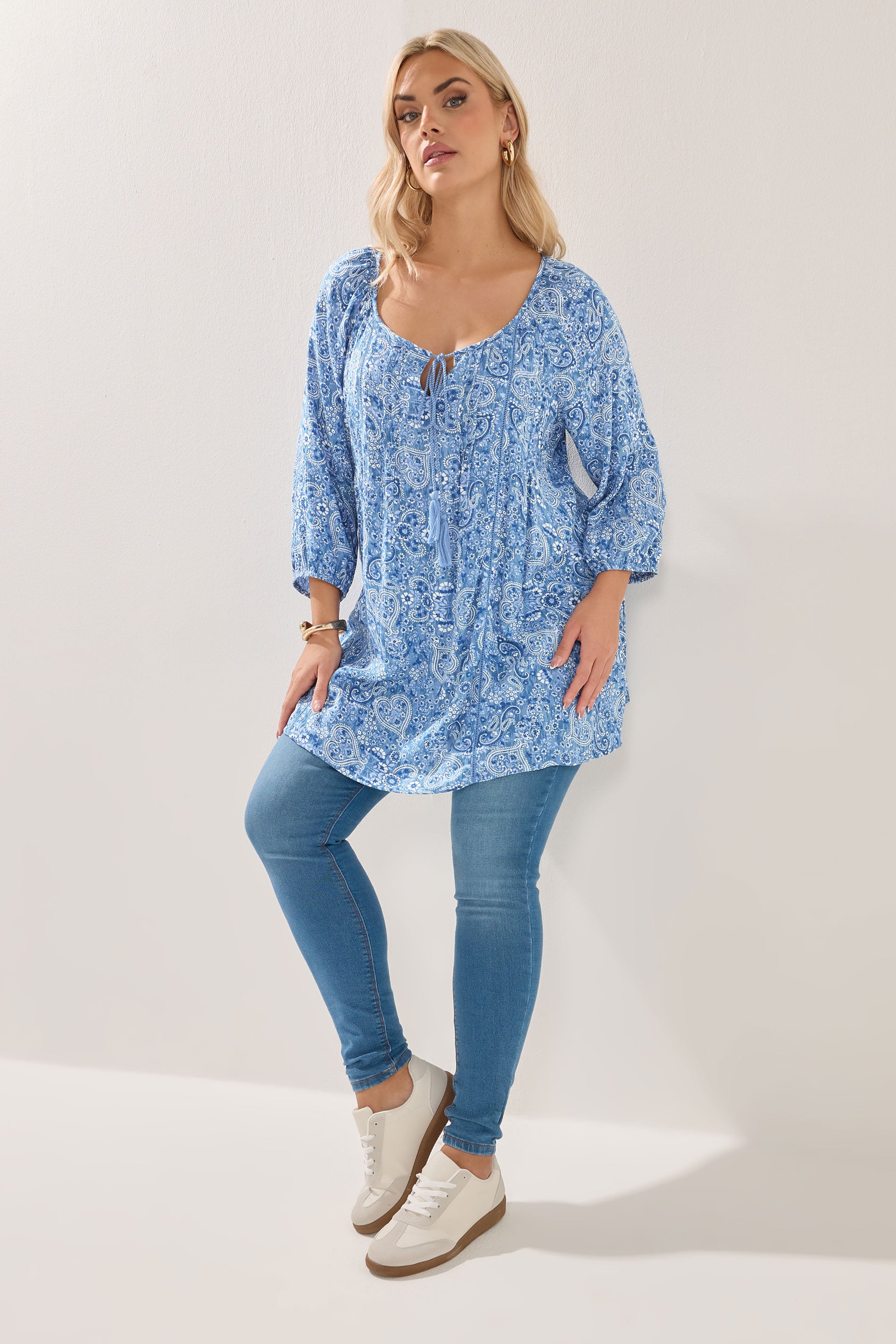 YOURS Plus Size Blue Paisley Print Sequin Tie Neck Top | Yours Clothing 3