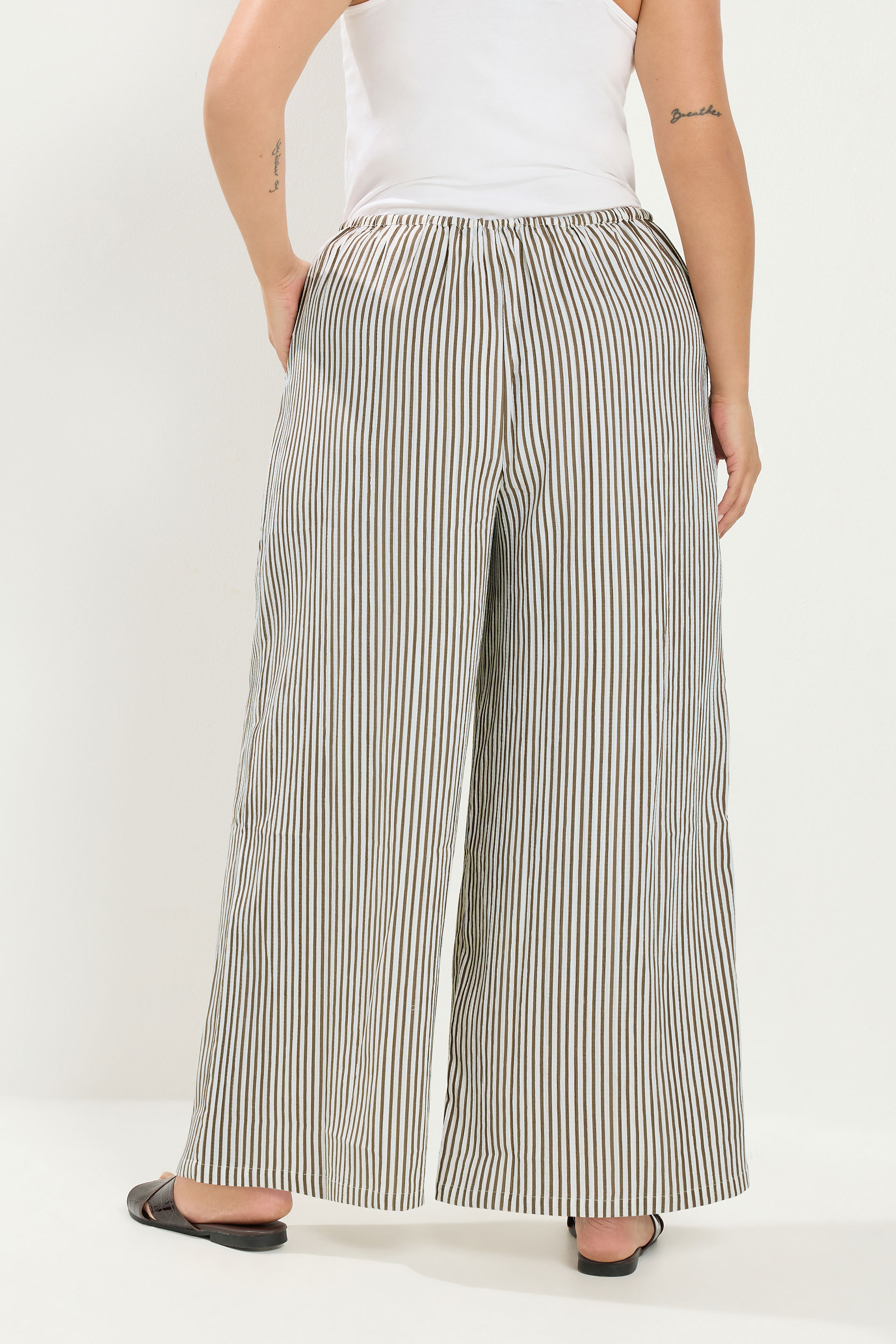 YOURS Plus Size Brown & White Striped Wide Leg Trousers | Yours Clothing 2
