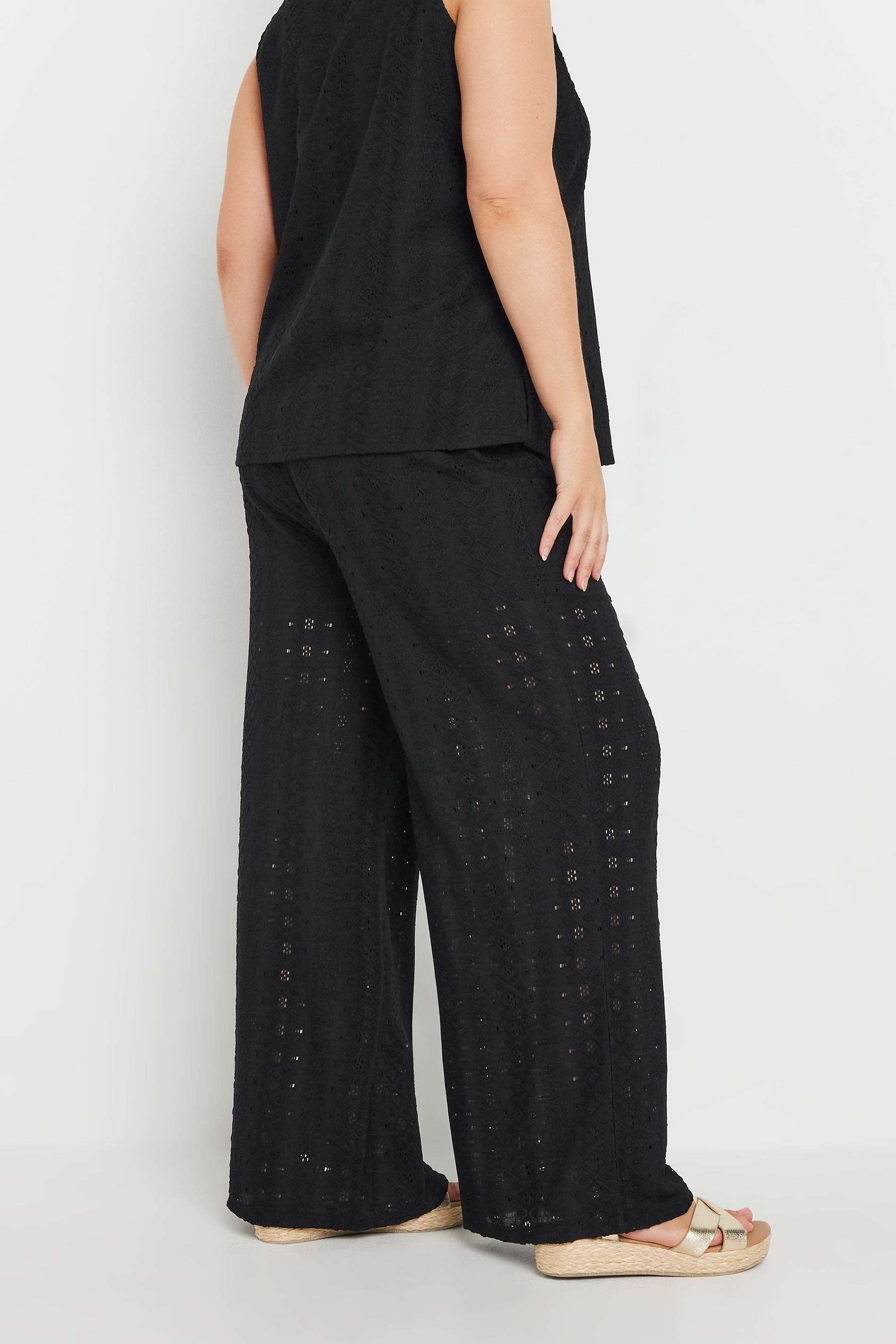 YOURS Plus Size Black Broderie Anglaise Wide Leg Trousers | Yours Clothing 2