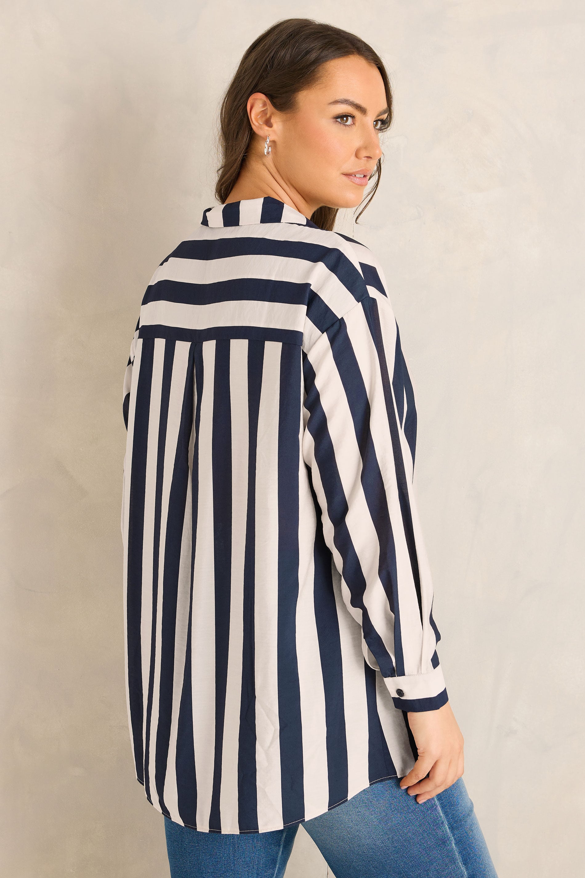 EVANS Plus Size Navy Blue & Cream Stiped Shirt | Evans 2