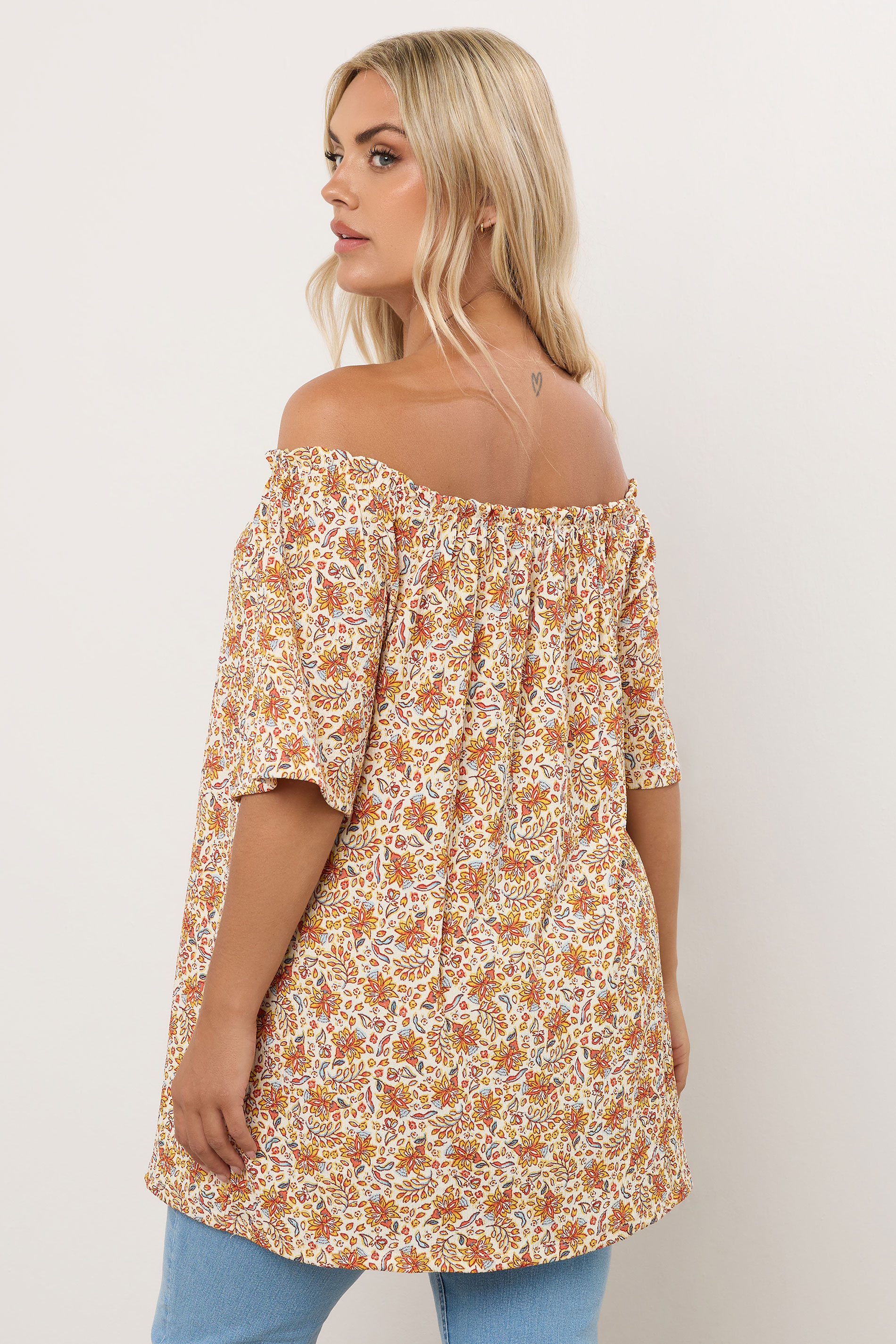 YOURS Plus Size Orange Textured Leaf Print Bardot Top | Yours Clothing 2