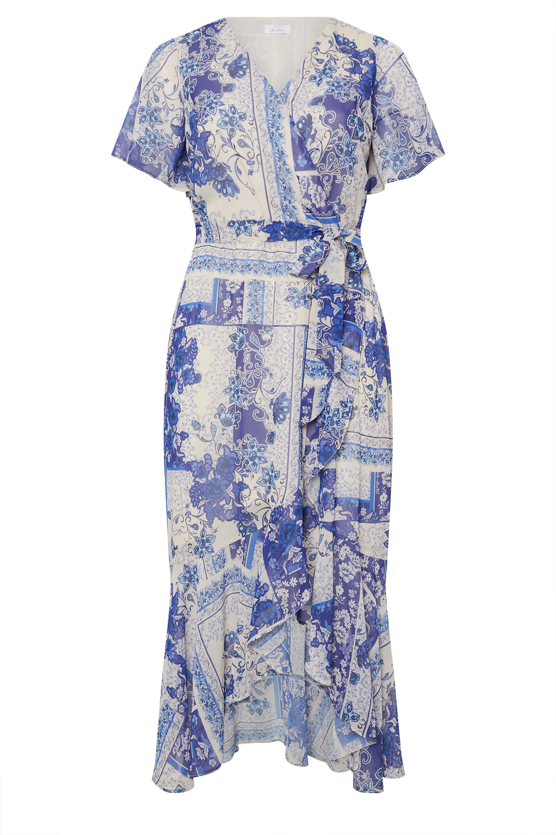 YOURS LONDON Plus Size Blue Scarf Print Ruffle Wrap Dress | Yours Clothing 5