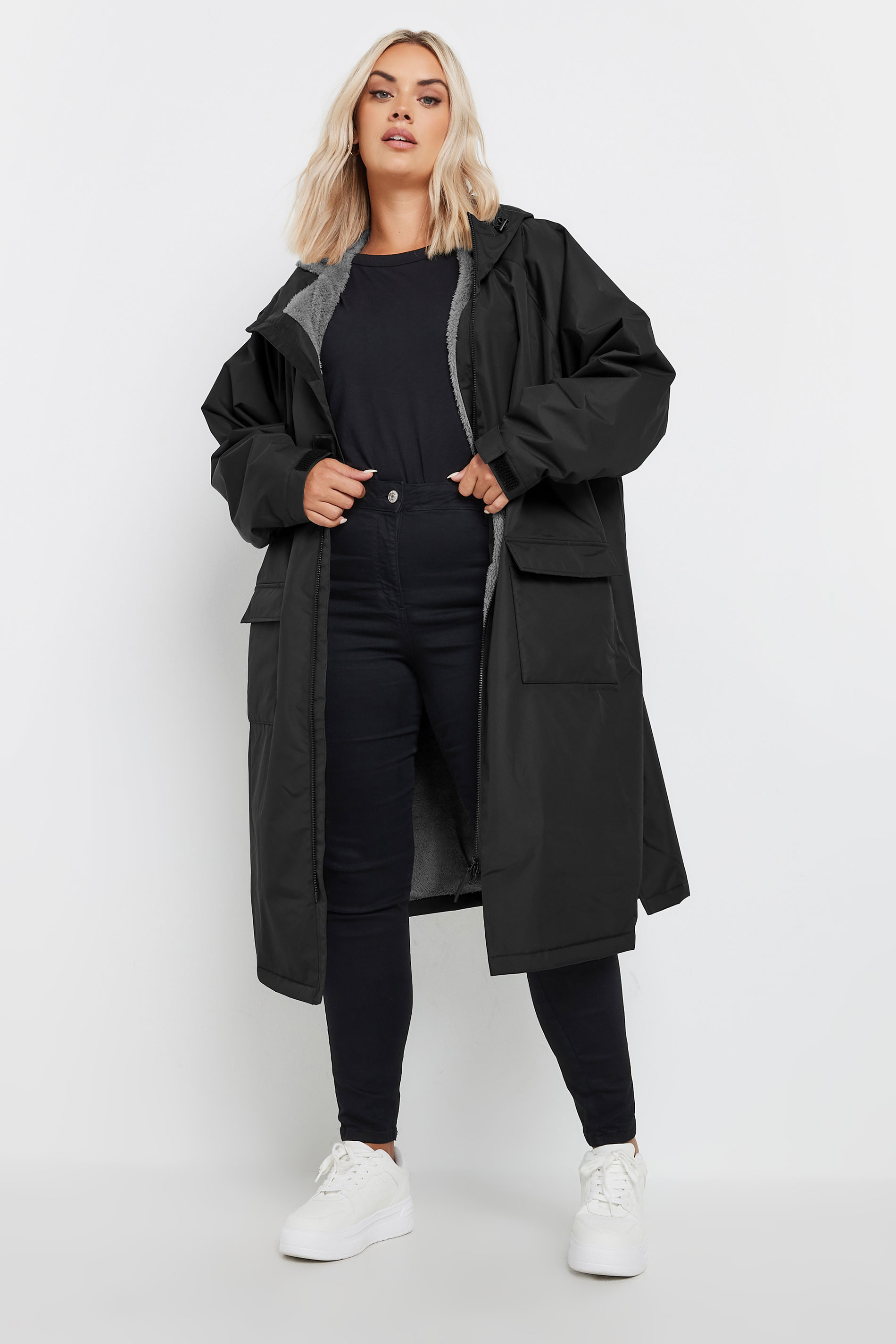 YOURS Plus Size Black Waterproof Fleece Lined Changing Robe | Yours Clothing 1