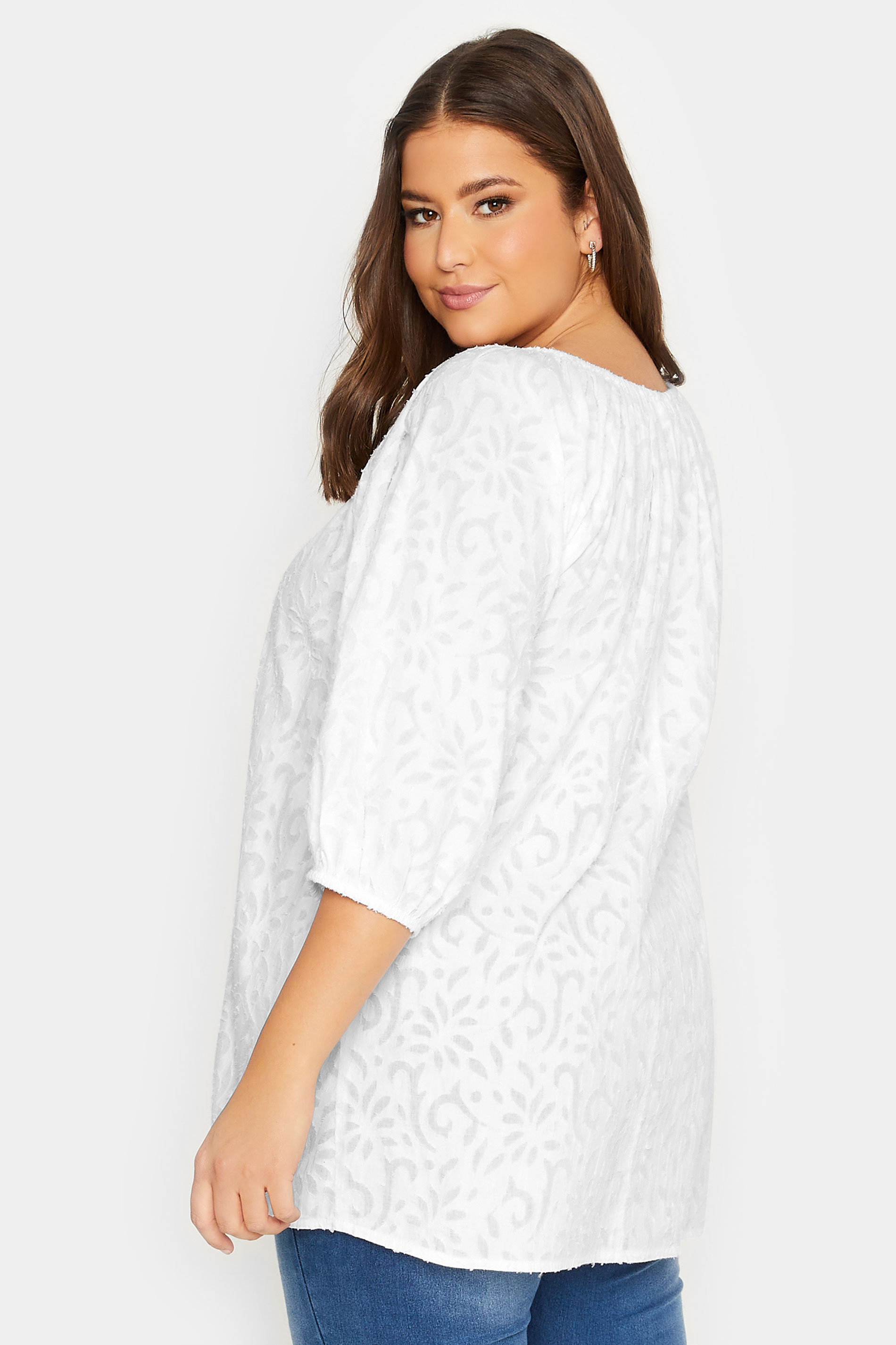 YOURS Plus Size White Textured Tie Neck Top | Yours Clothing 3
