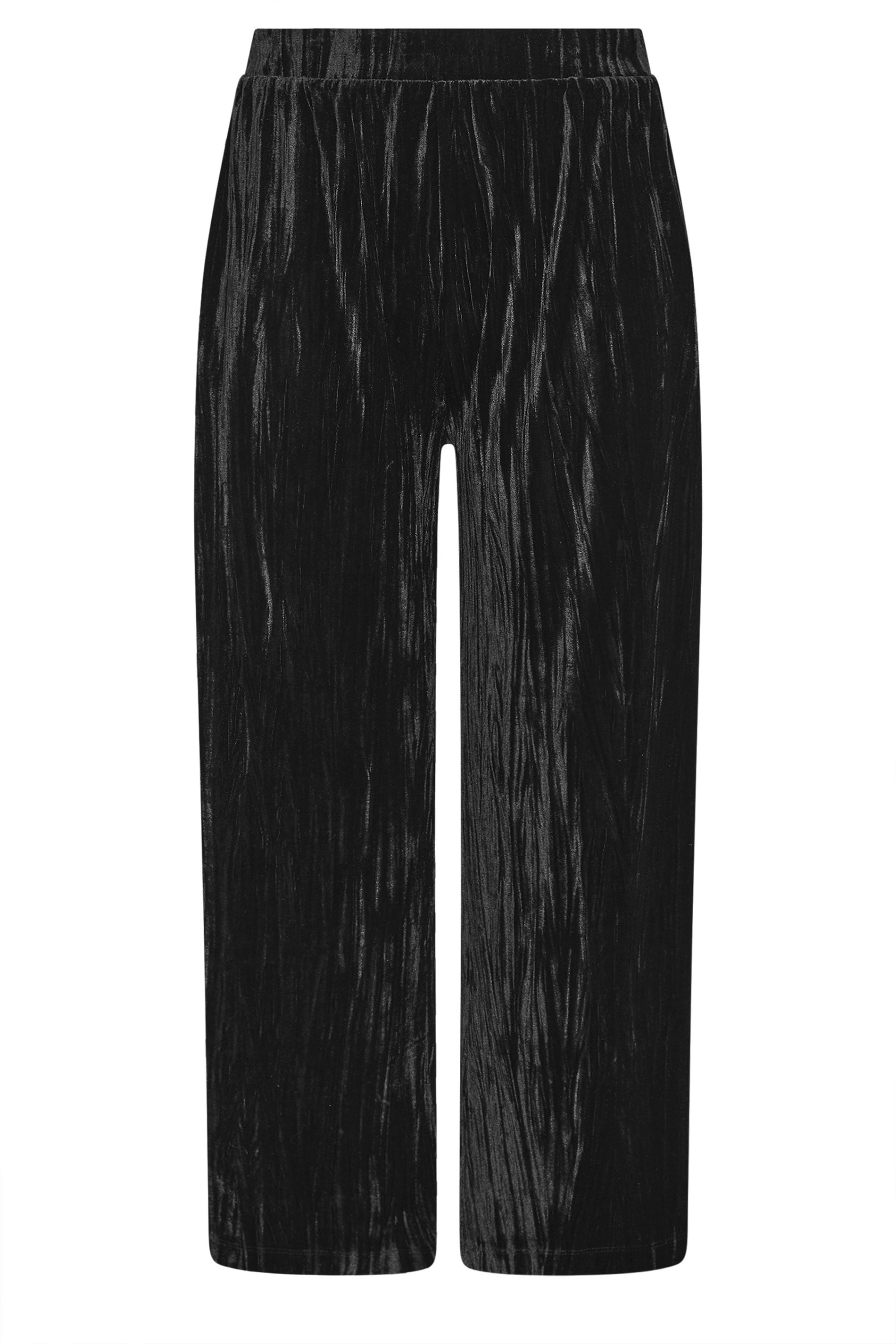 YOURS Plus Size Black Crushed Velour Wide Leg Trousers | Yours Clothing 6