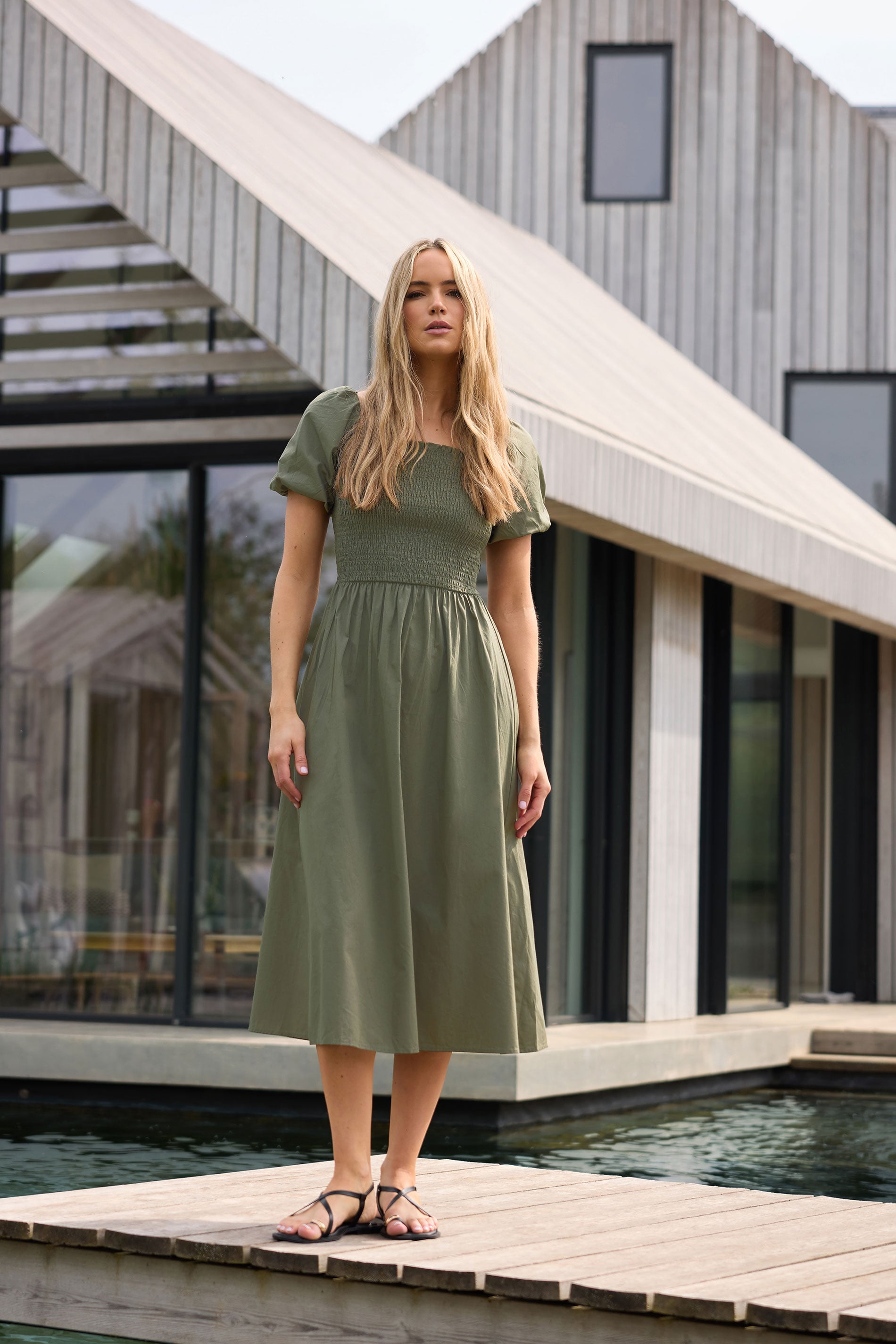 LTS Tall Khaki Green Shirred Cotton Puff Sleeve Midi Dress | Long Tall Sally 1