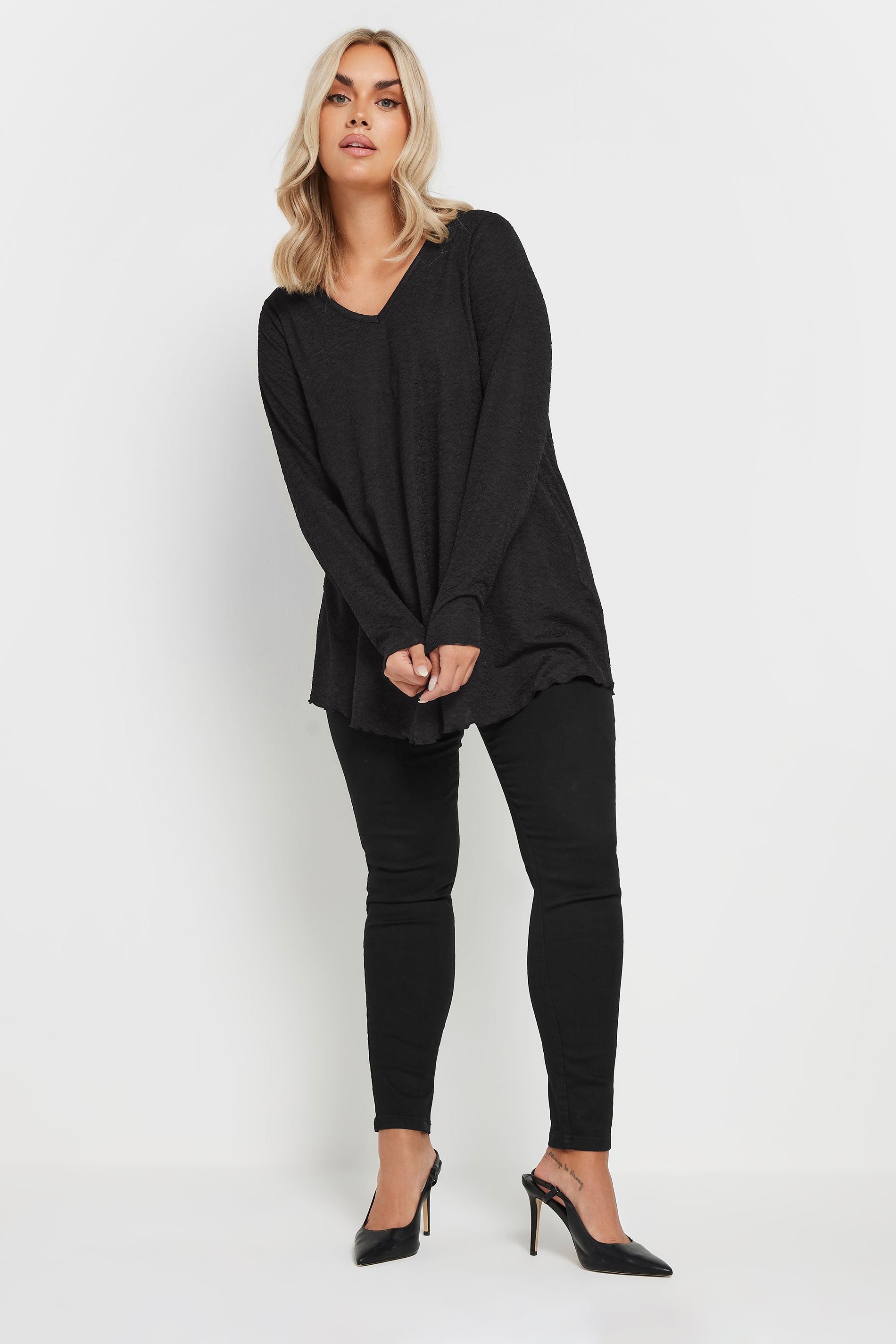 YOURS Plus Size Black Textured Long Sleeve Top | Yours Clothing 1