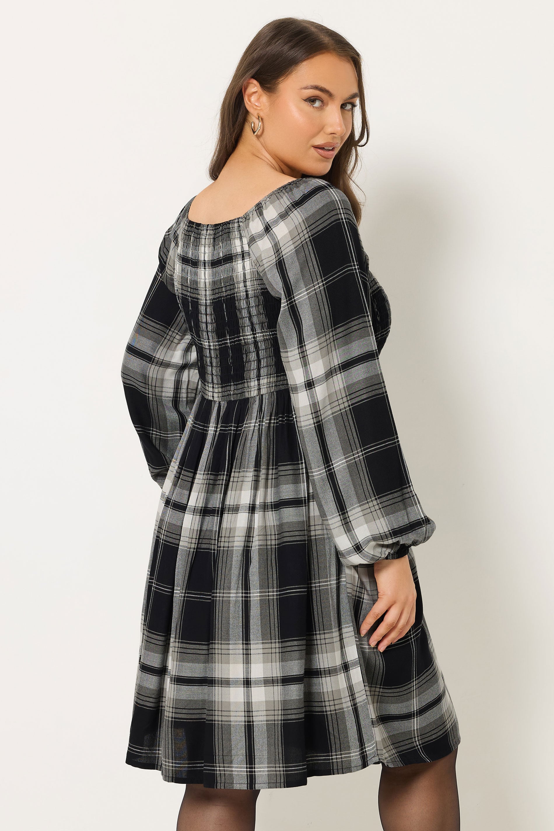 YOURS Plus Size Black Check Shirred Mini Dress | Yours Clothing 2