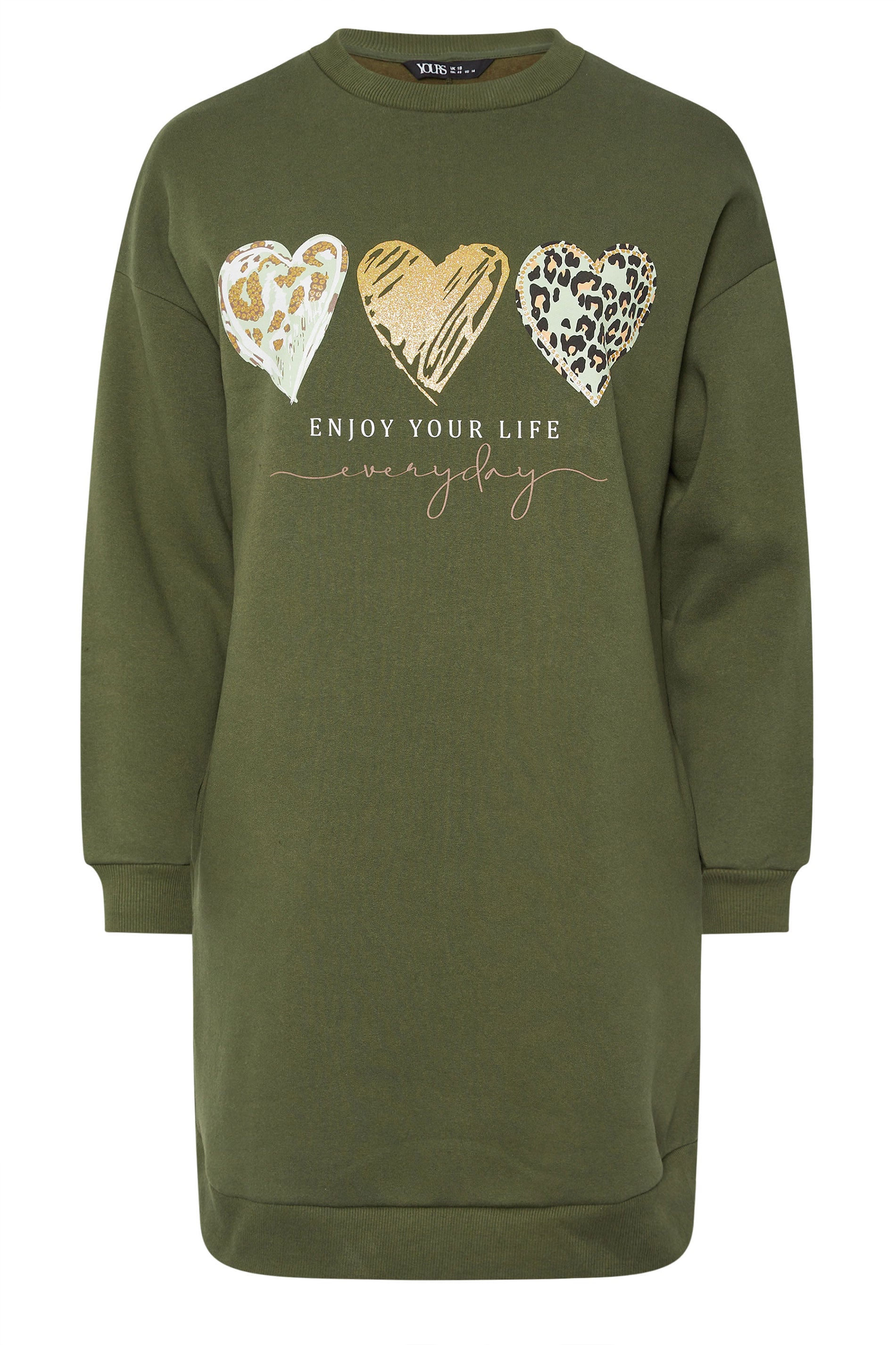 YOURS Plus Size Khaki Green 'Enjoy Your Life' Sweatshirt Dress | Yours Clothing 4