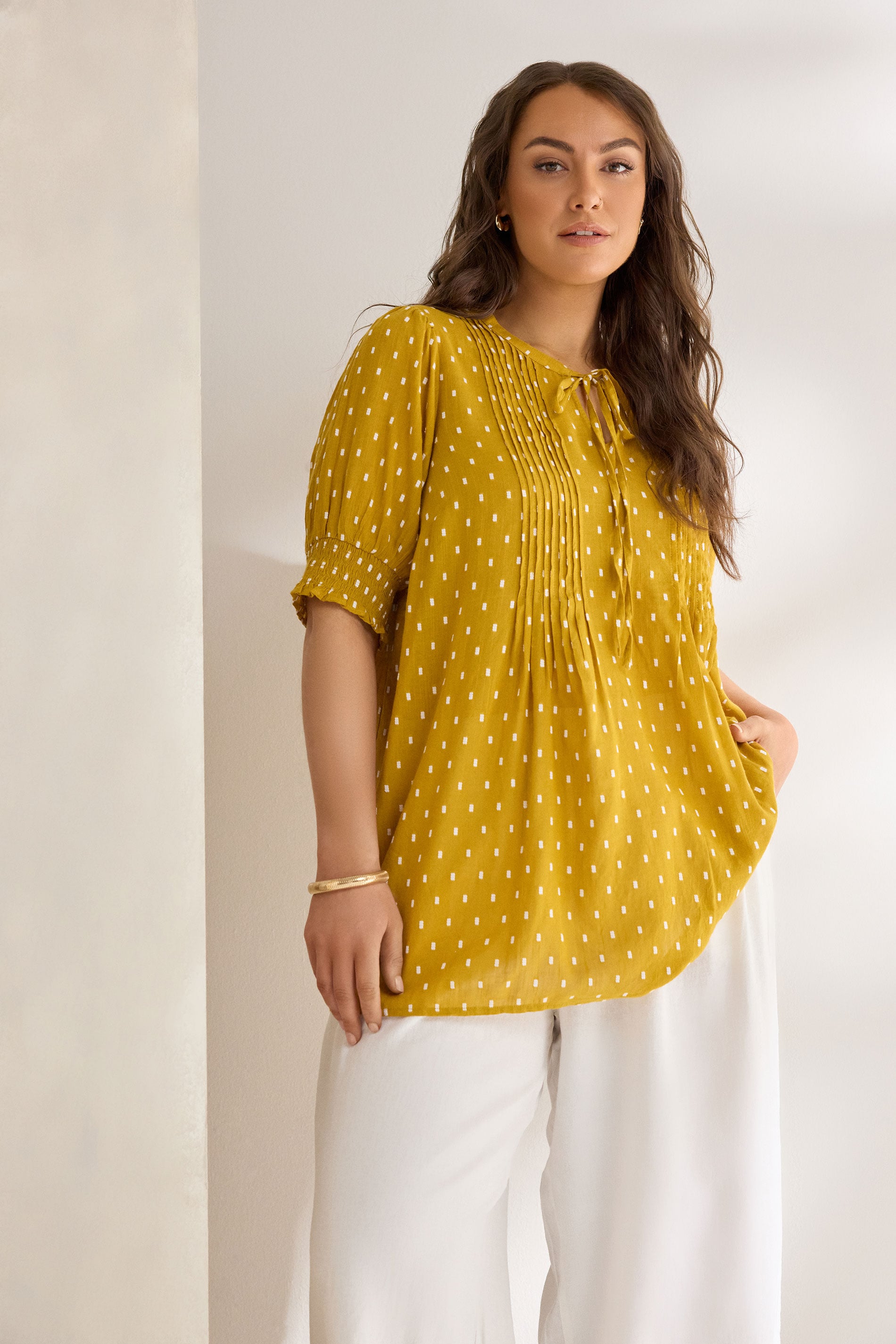 Evans Women's Yellow Plus Dobby Tie Neck Blouse Size 26-28