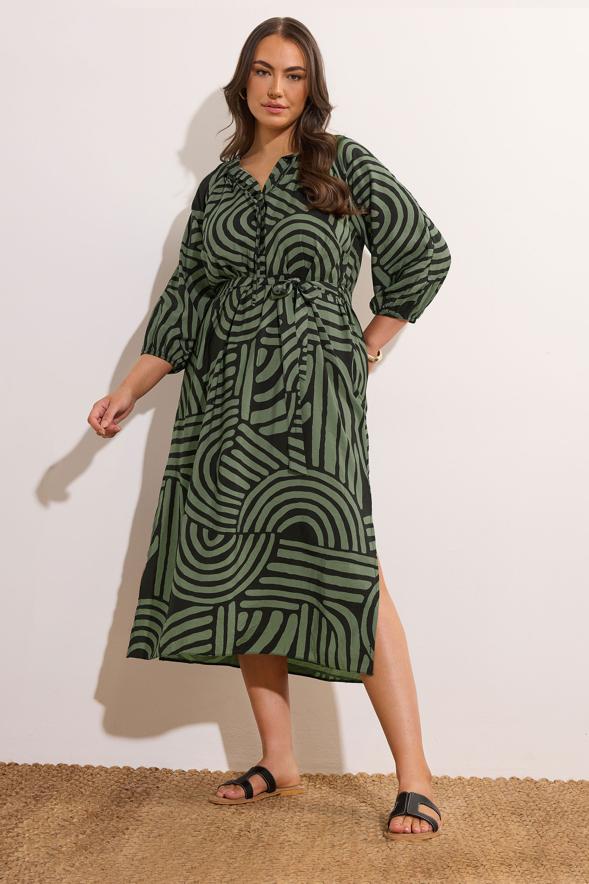 EVANS Plus Size Khaki Green Abstract Print Midi Dress | Evans  1