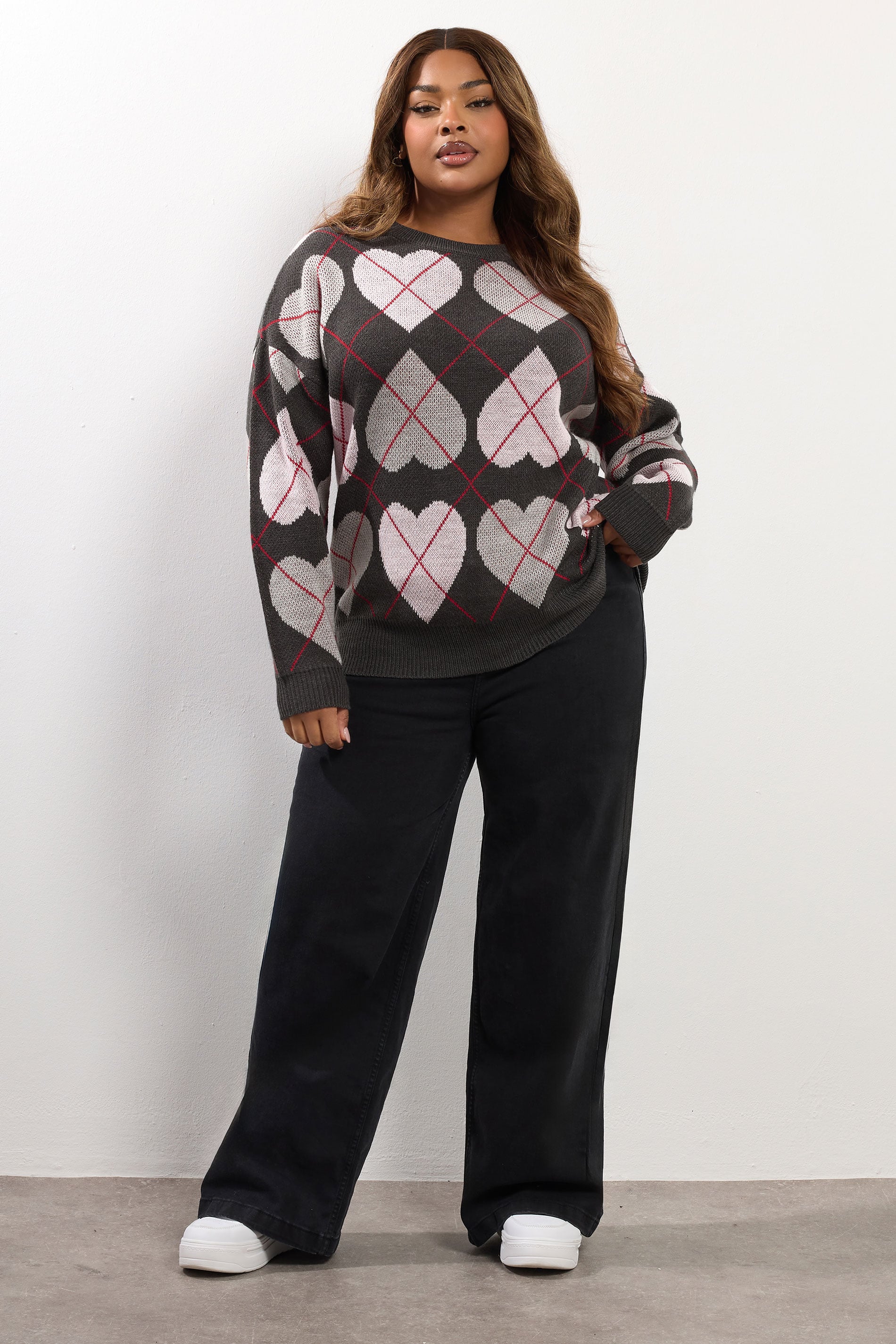 YOURS Plus Size Grey Argyle Heart Knit Jumper | Yours Clothing 1
