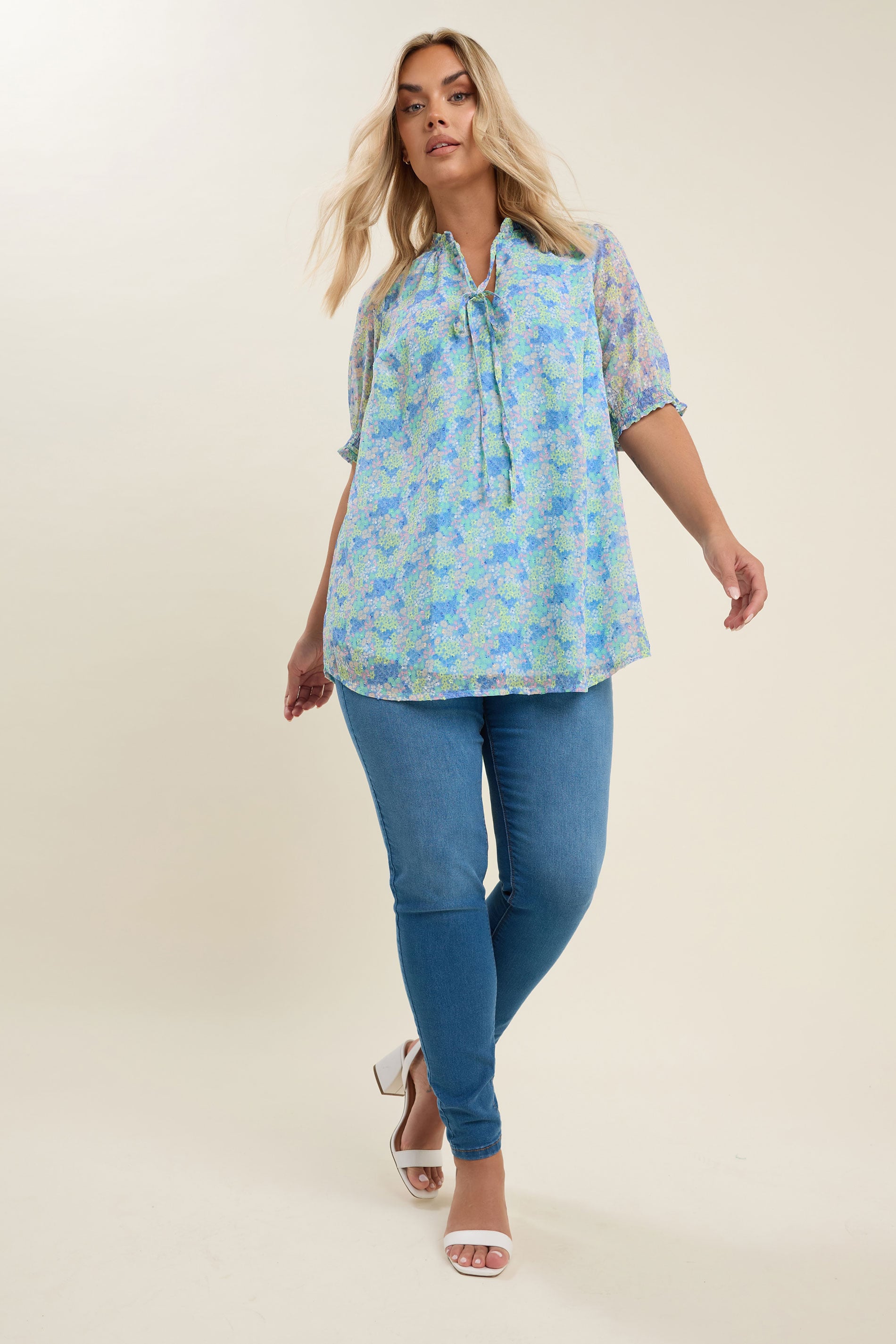 YOURS Plus Size Blue Ditsy Floral Print Tie Front Blouse | Yours Clothing 1