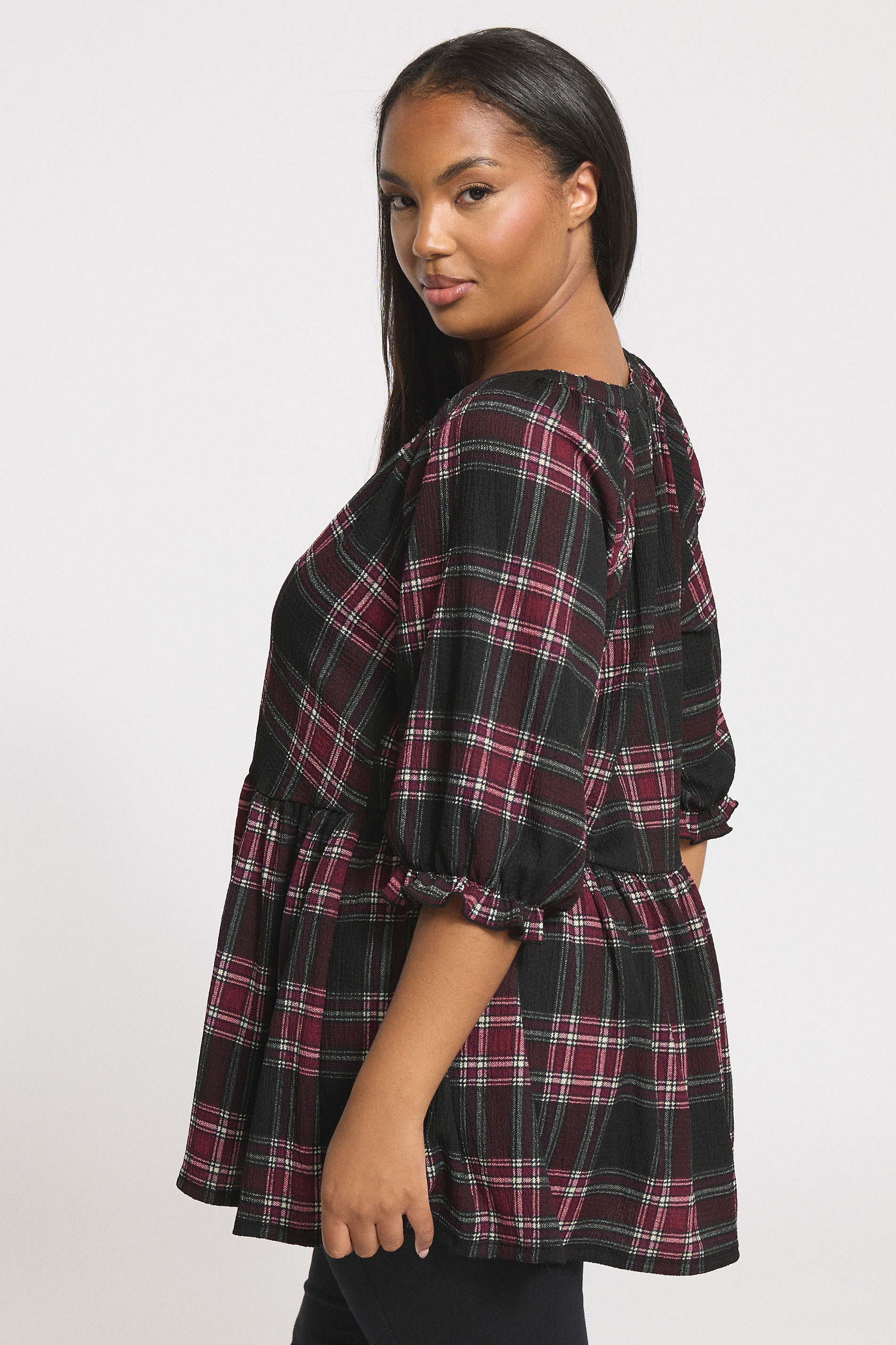 YOURS Plus Size Black Check Textured Peplum Top | Yours Clothing 2