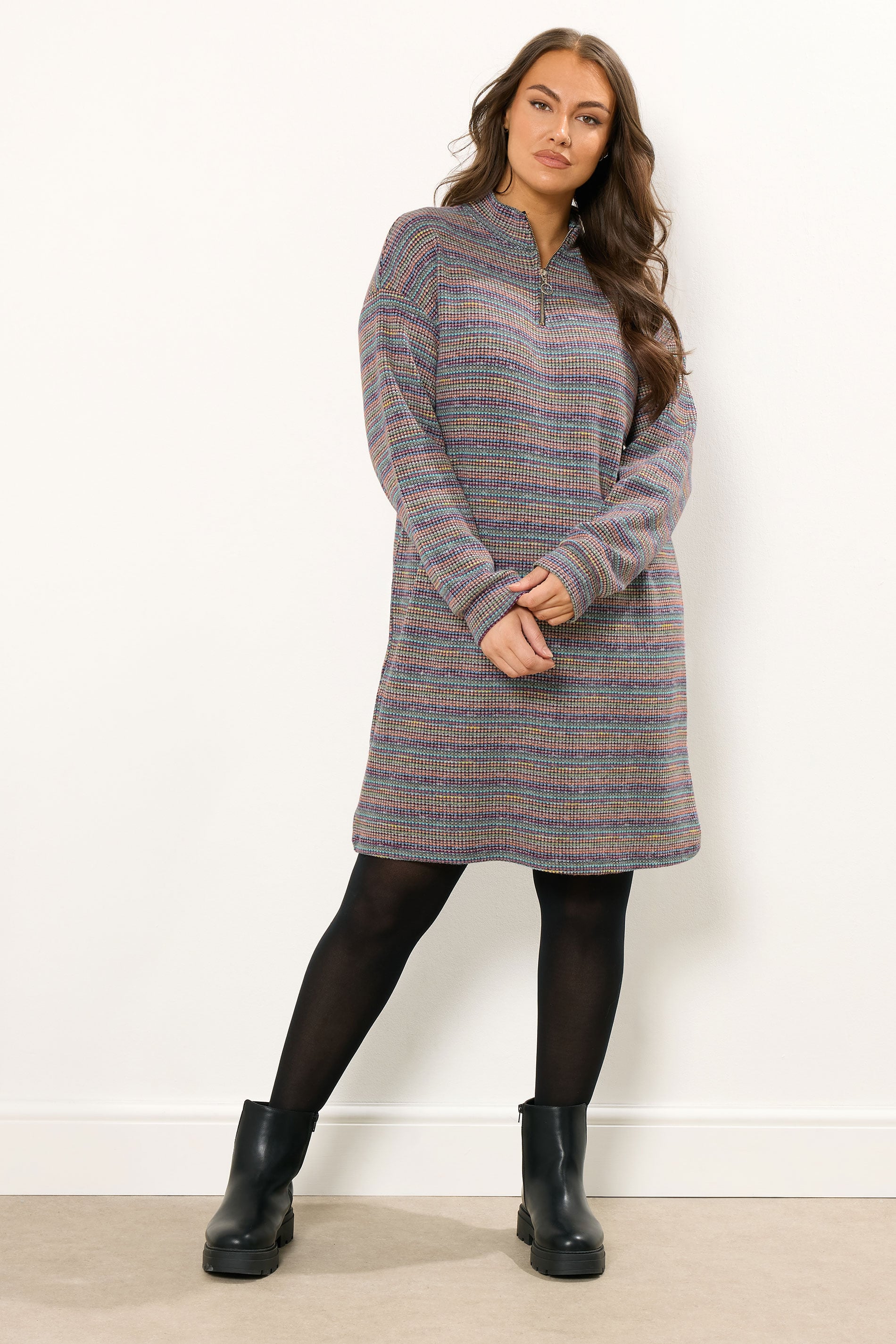 YOURS Plus Size Blue Ribbed Quarter Zip Jumper Dress | Yours Clothing 3
