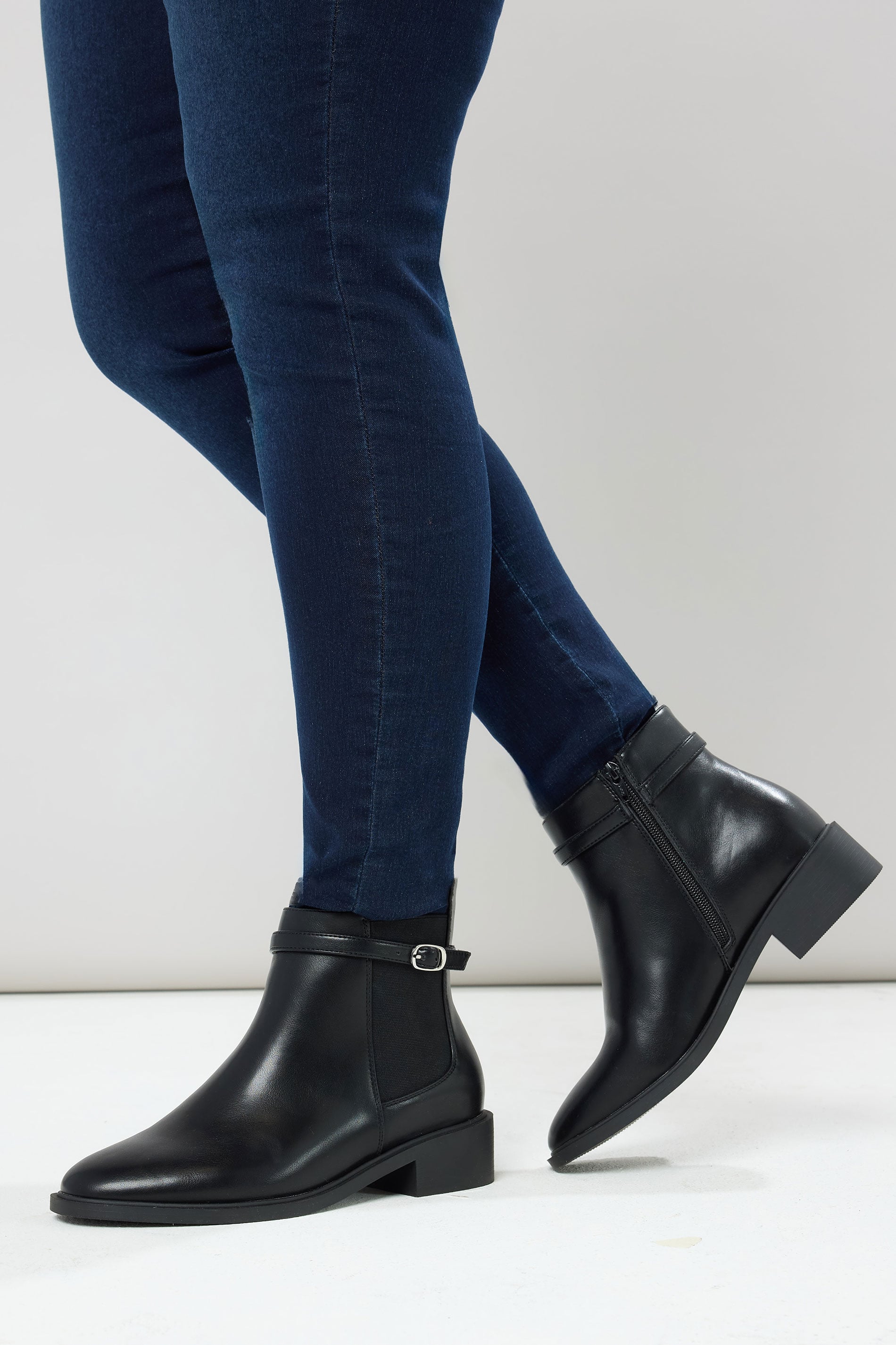 Black Faux Leather Buckle Stretch Ankle Boots In Wide E Fit & Extra Wide EEE Fit | Yours Clothing 3