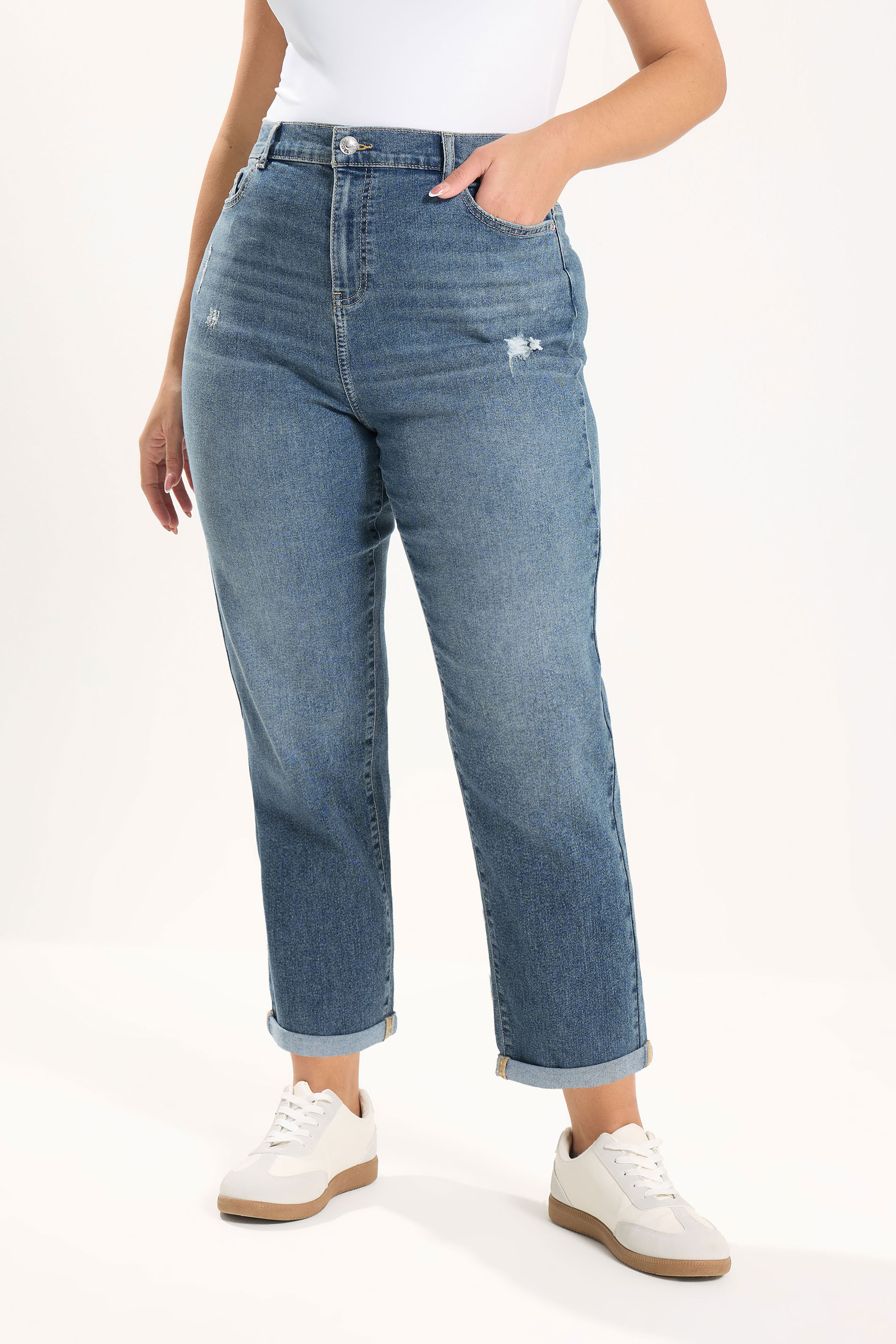 YOURS Plus Size Mid Blue Distressed Boyfriend Jeans | Yours Clothing 3
