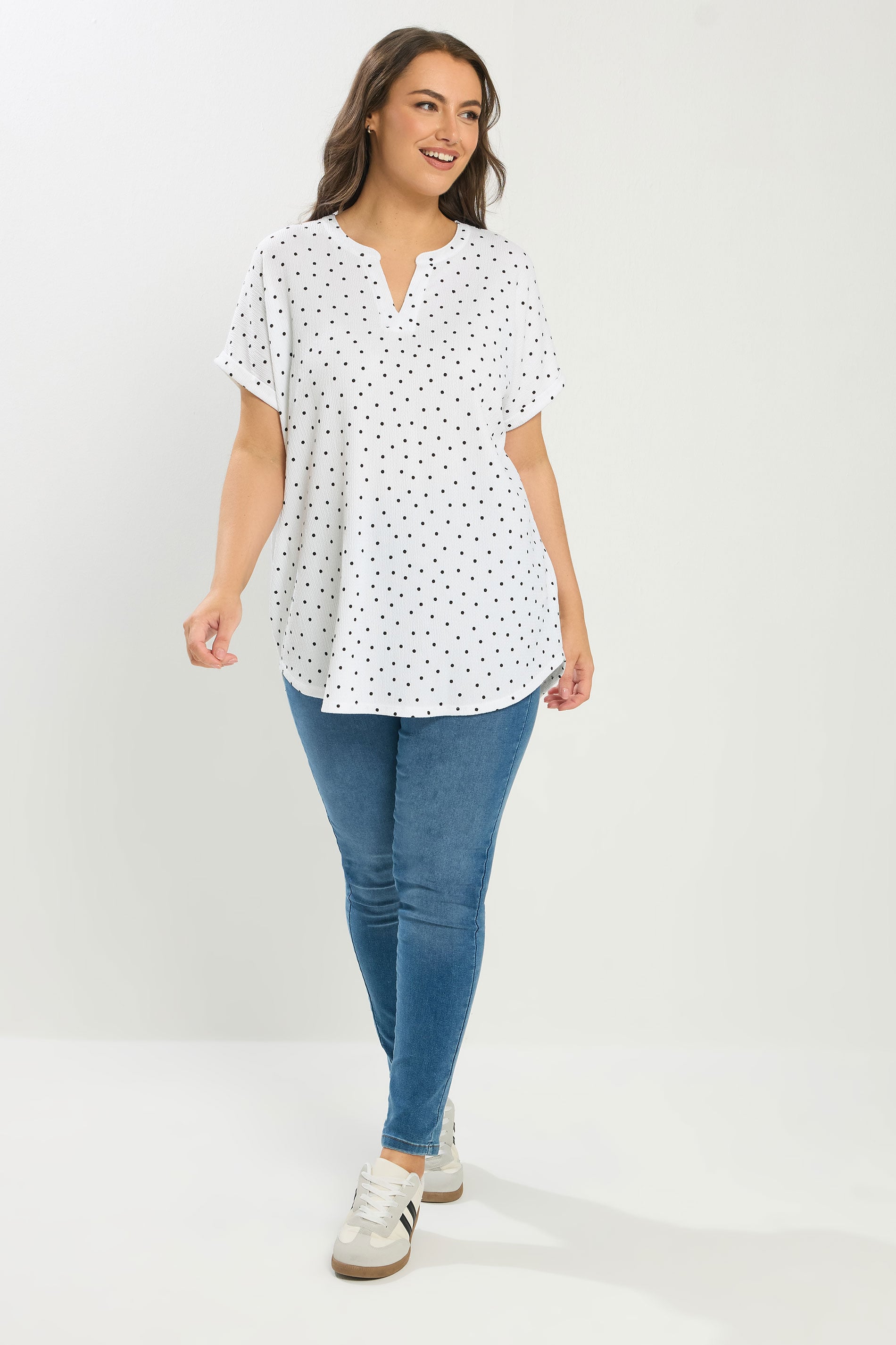 YOURS Plus Size White Textured Polka Dot Notch Neck Top | Yours Clothing 1