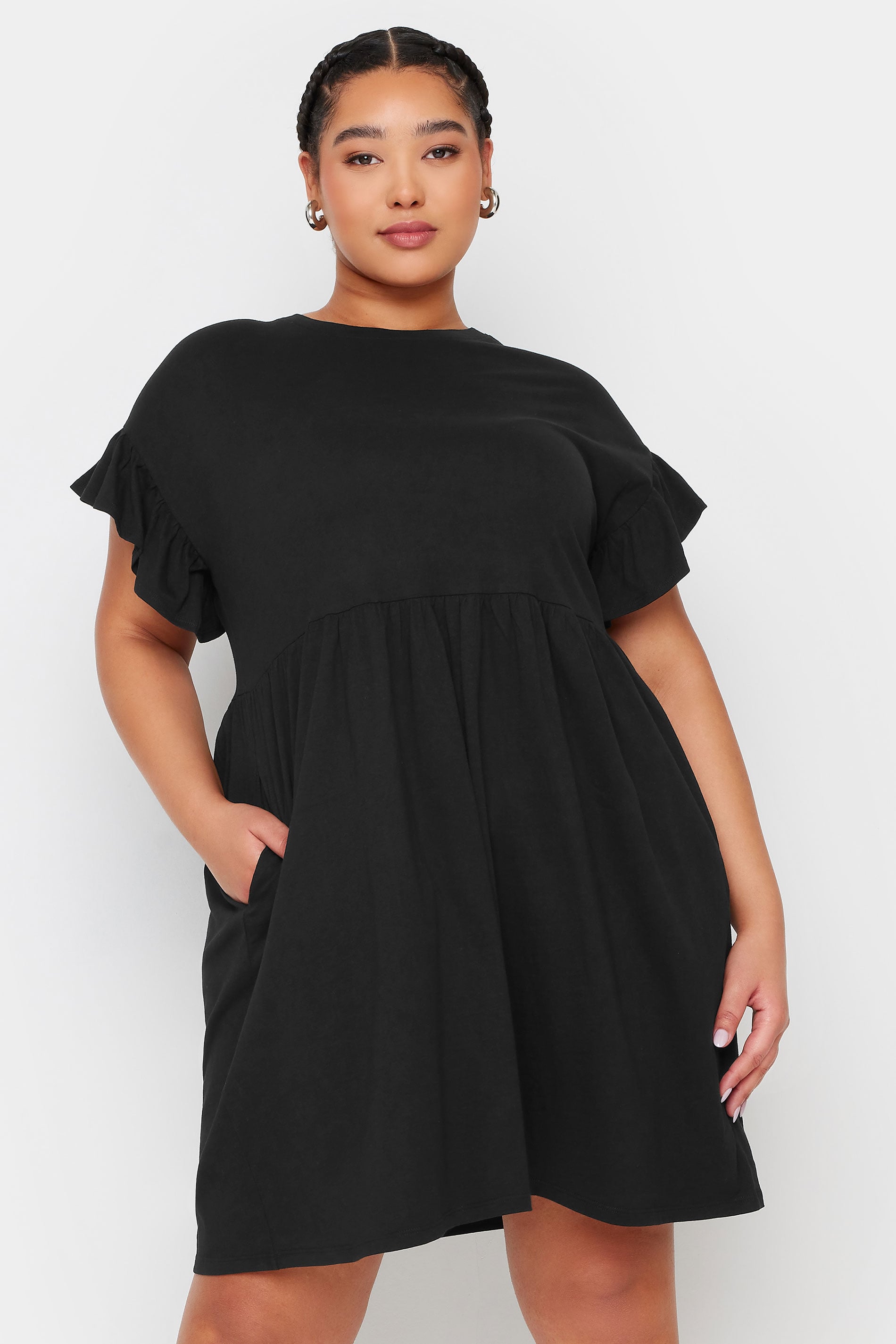 YOURS Plus Size Black Frill Sleeve Smock Tunic Dress | Yours Clothing 3
