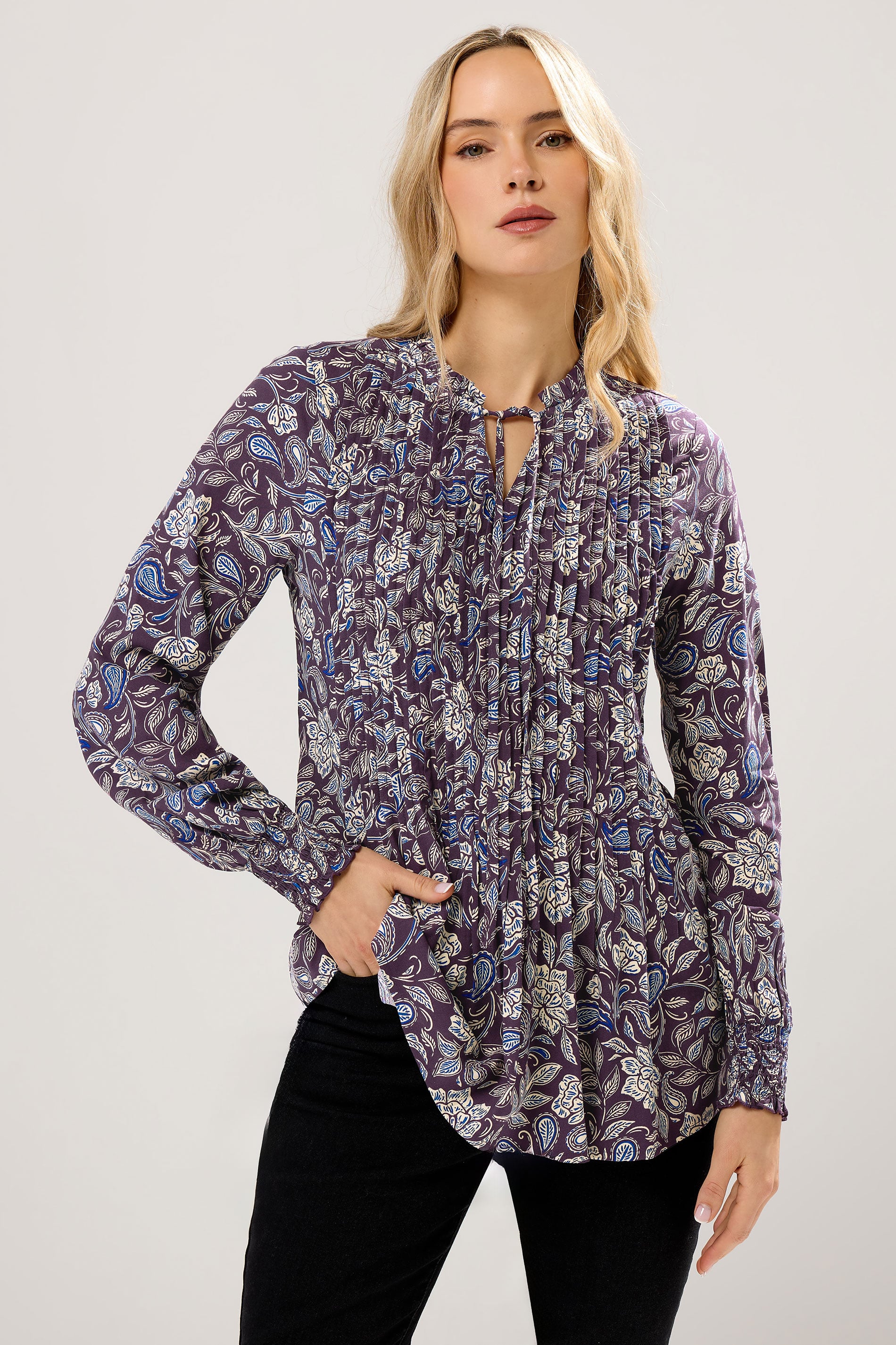 LTS Tall Purple Floral Tie Neck Pintuck Blouse | Long Tall Sally 3