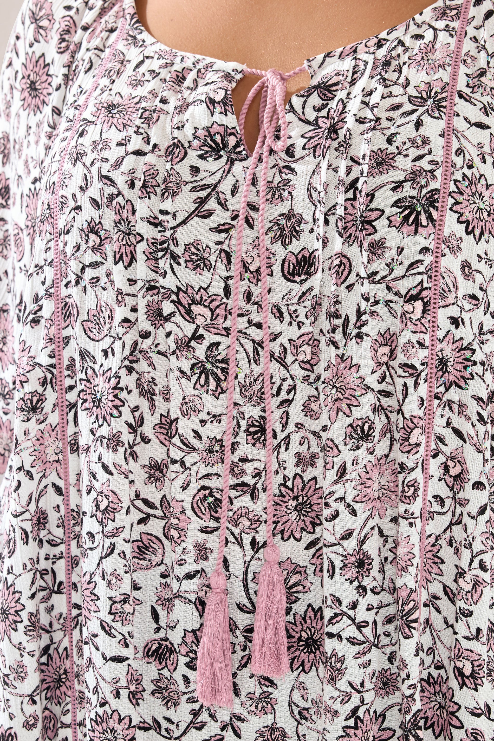 YOURS Plus Size Pink Paisley Print Sequin Tie Neck Top | Yours Clothing 5