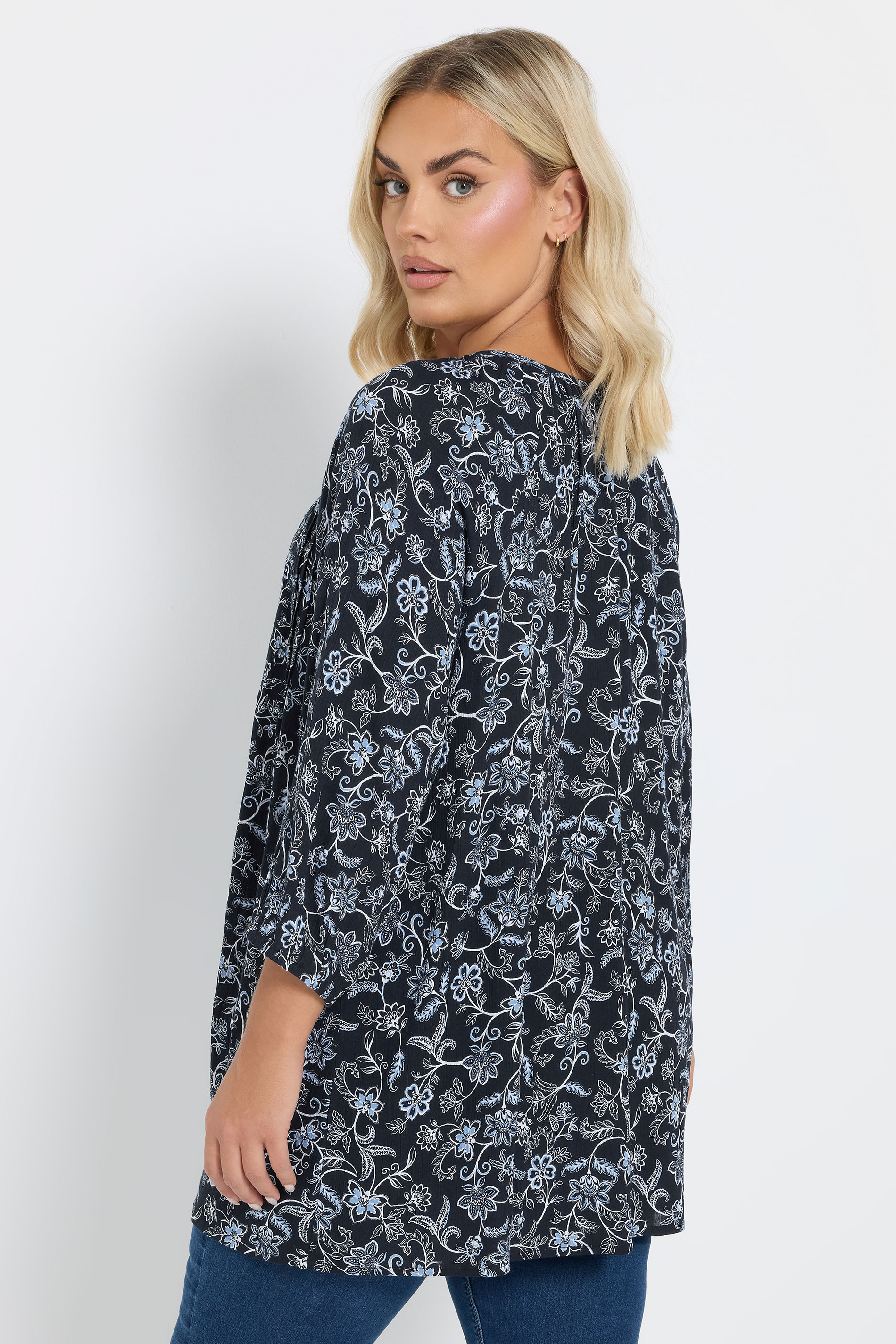 YOURS Plus Size Navy Blue Floral Print Tie Front Top | Yours Clothing 4