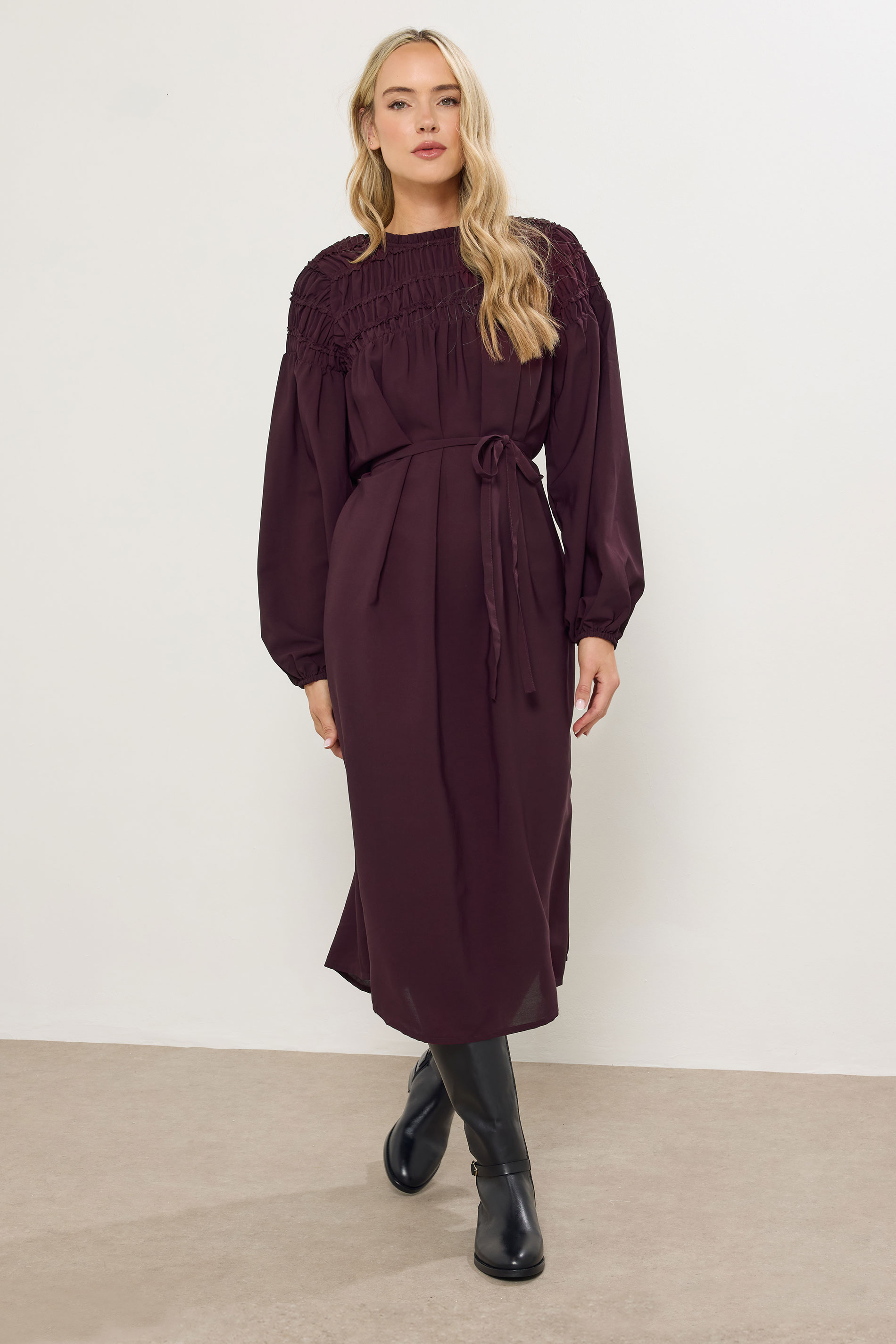 LTS Tall Burgundy Red Shirred Long Sleeve Midi Dress | Long Tall Sally 2