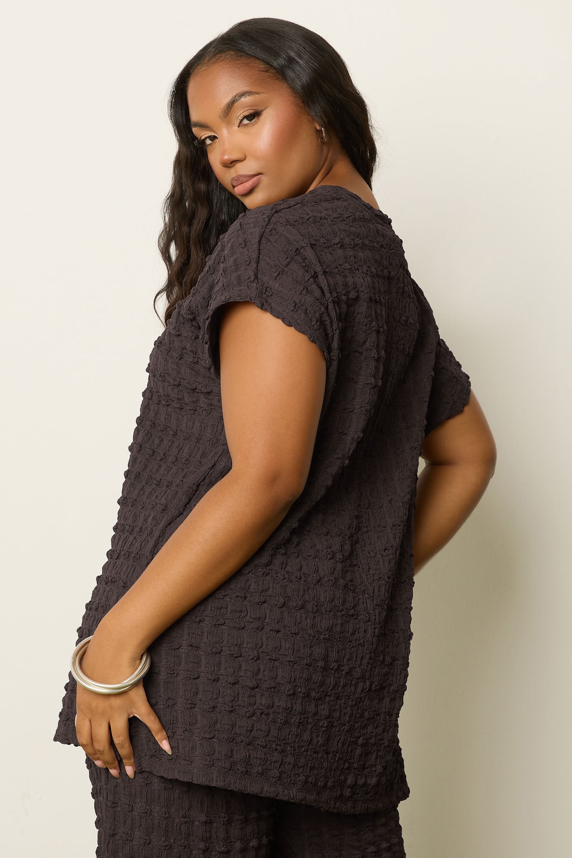 YOURS Plus Size Chocolate Brown Bubble Textured T-Shirt | Yours Clothing 4