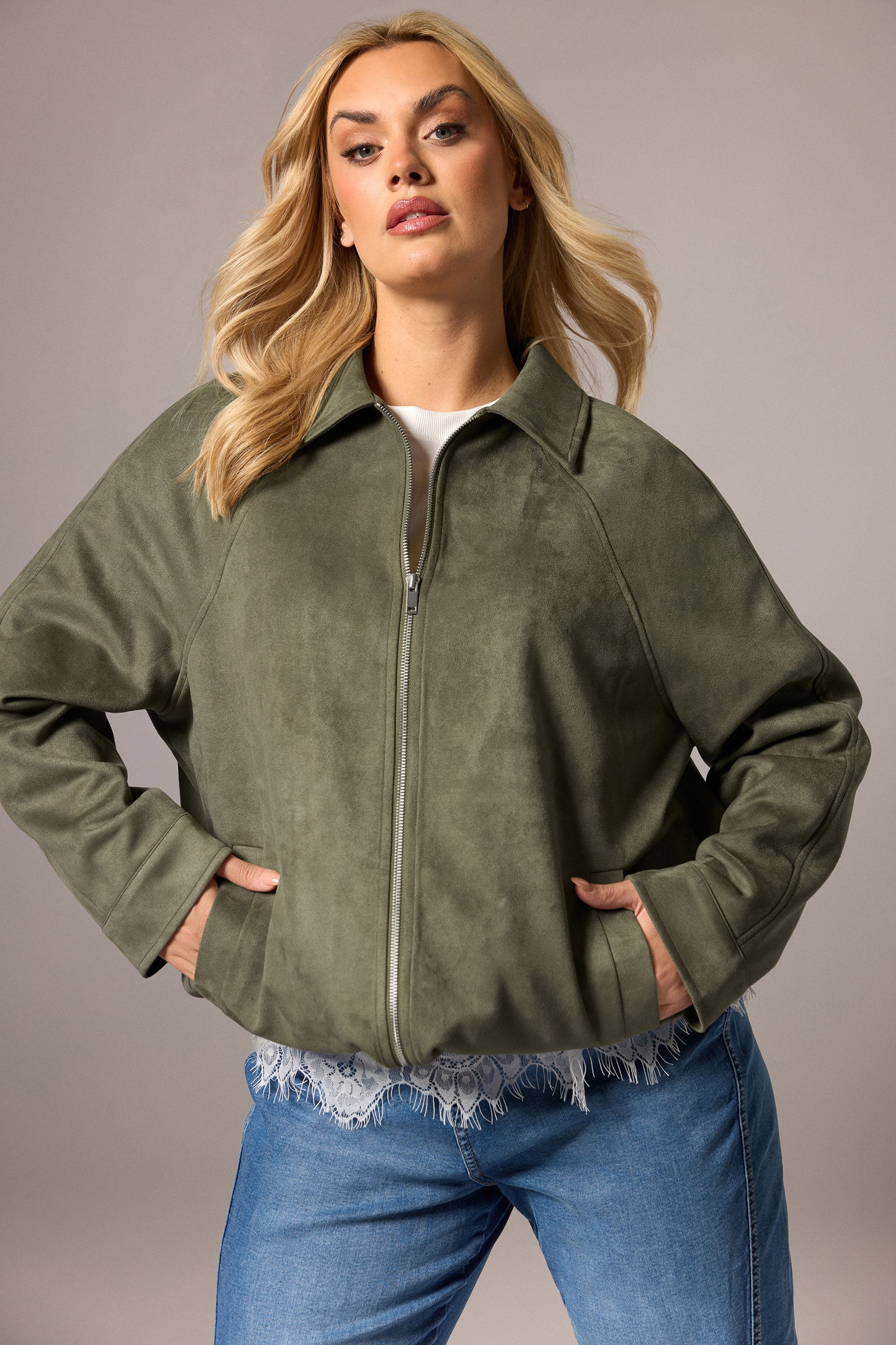YOURS Plus Size Khaki Green Faux Suede Bomber Jacket | Yours Clothing 1