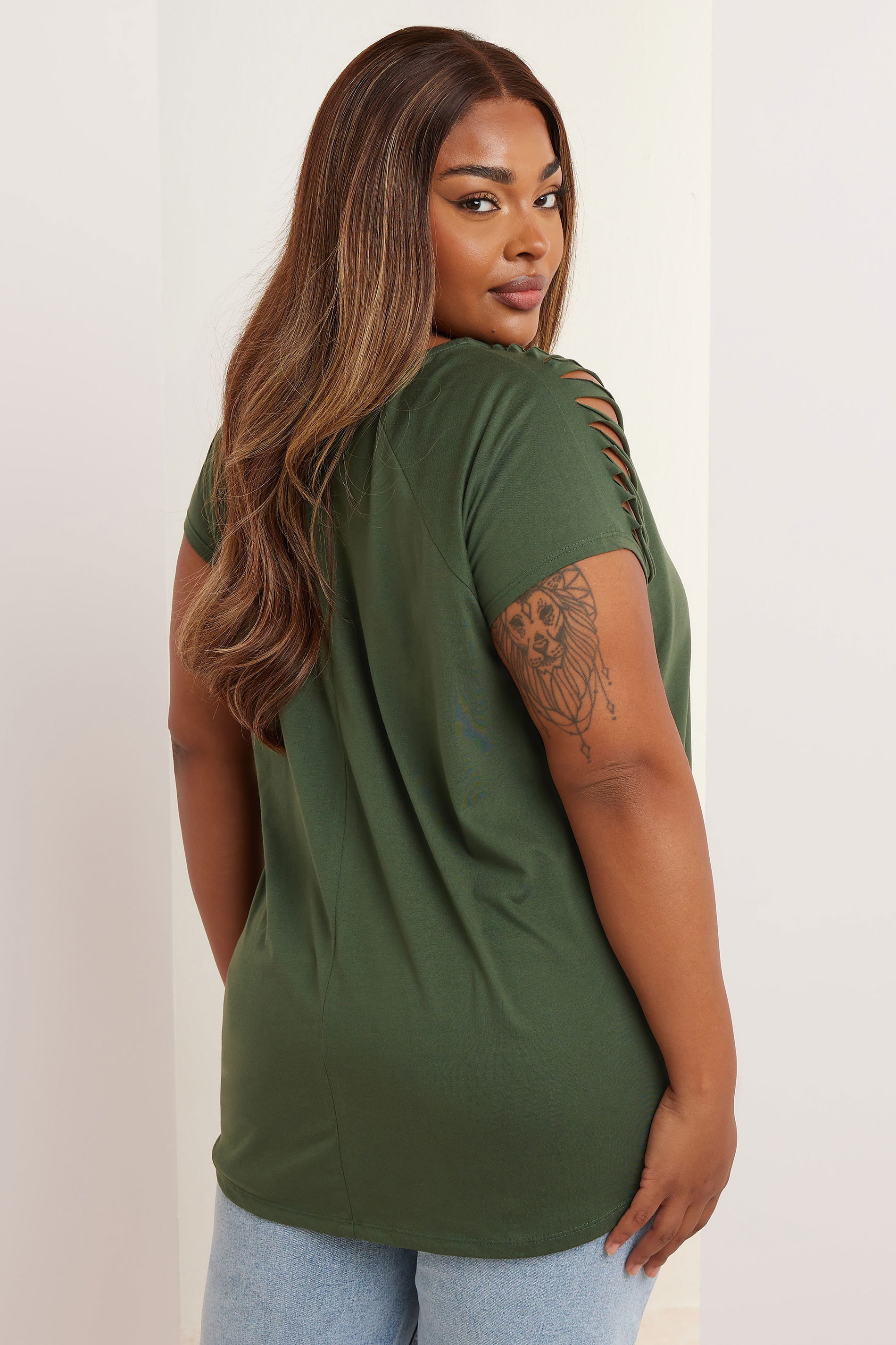 YOURS Plus Size Khaki Green Skull Leopard Cut Out Top | Yours Clothing 2