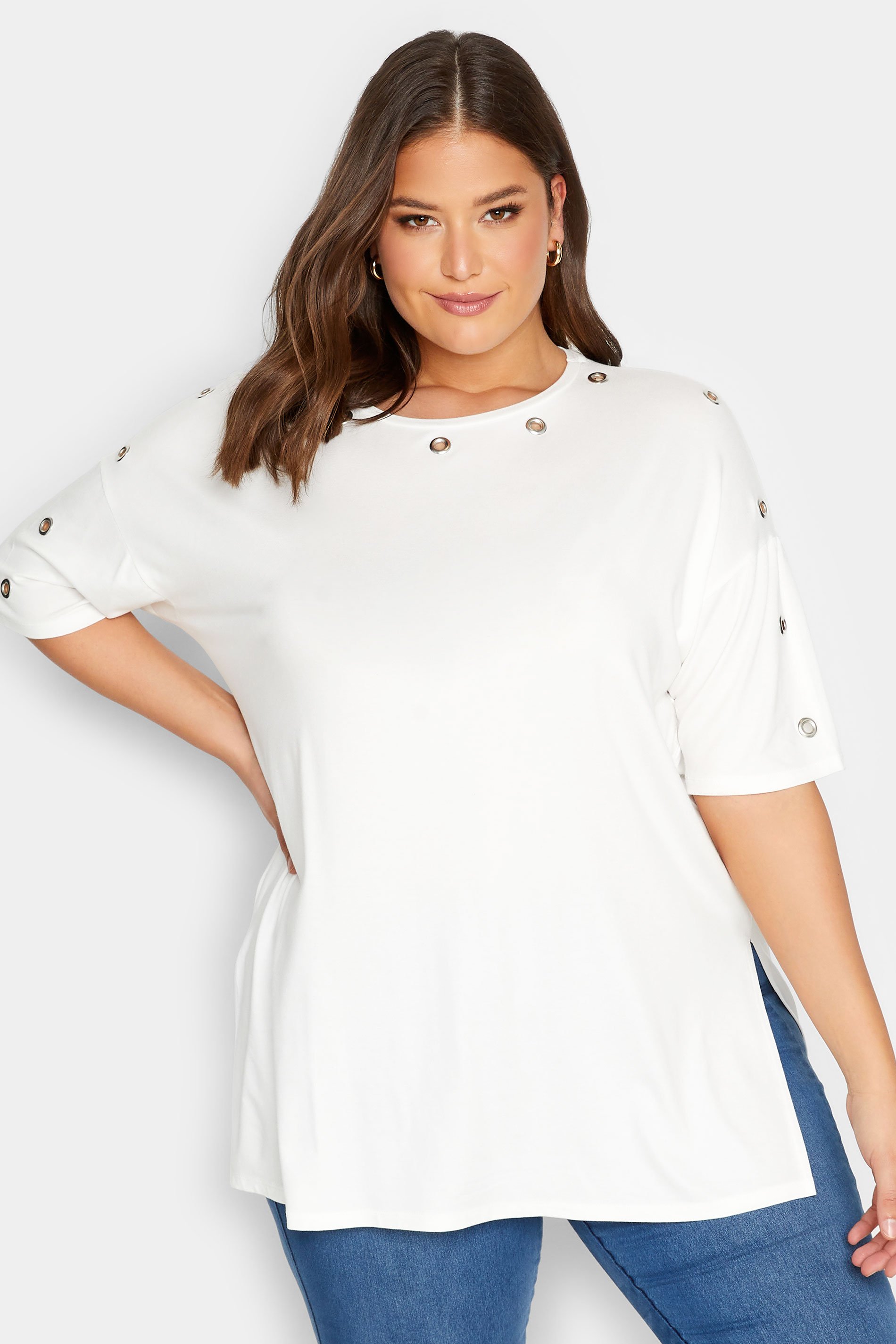 Plus Size White Eyelet Detail Oversized T-Shirt | Yours Clothing 1
