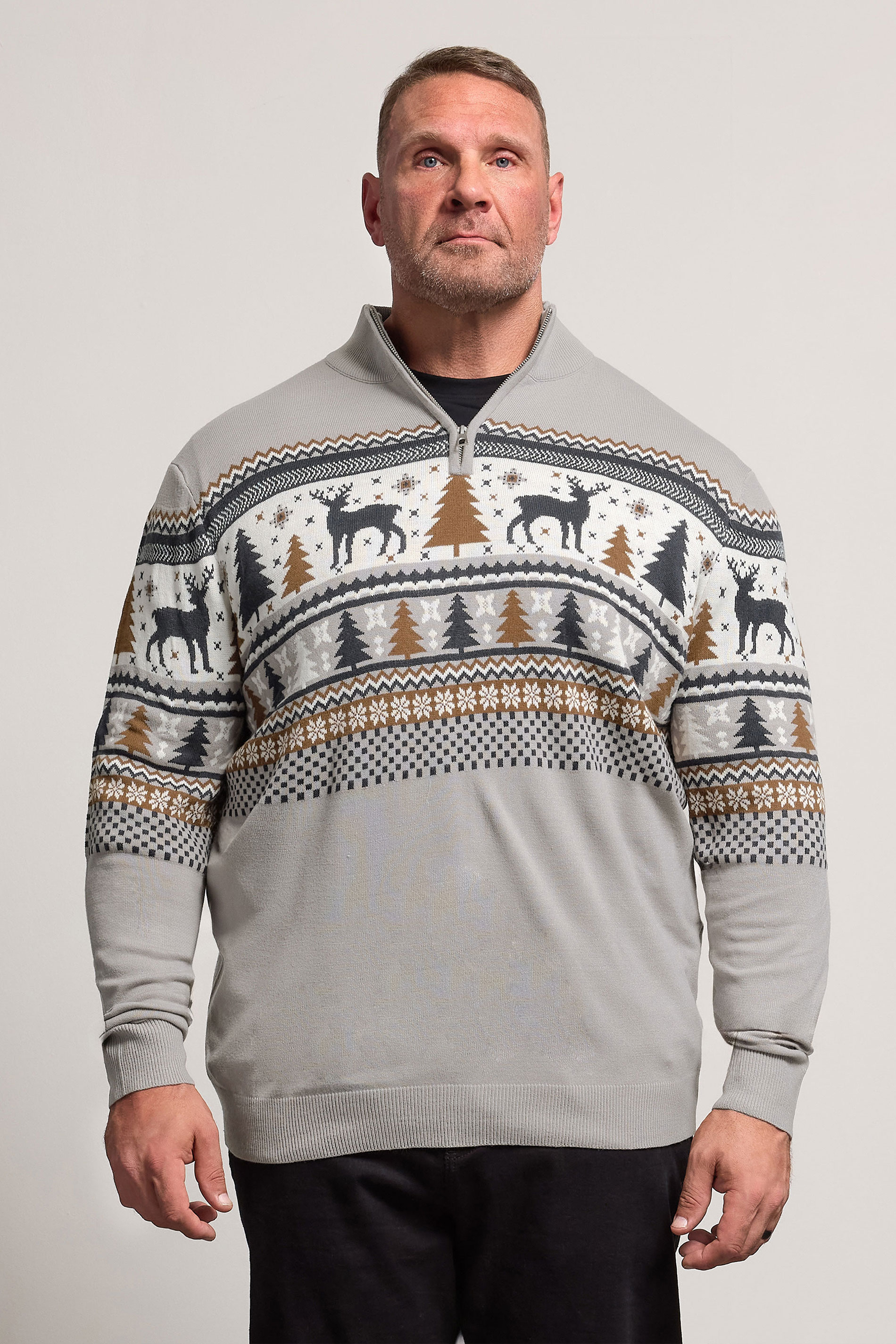 BadRhino Big & Tall Grey Fairisle Deer Quarter Zip Knitted Jumper | BadRhino 2