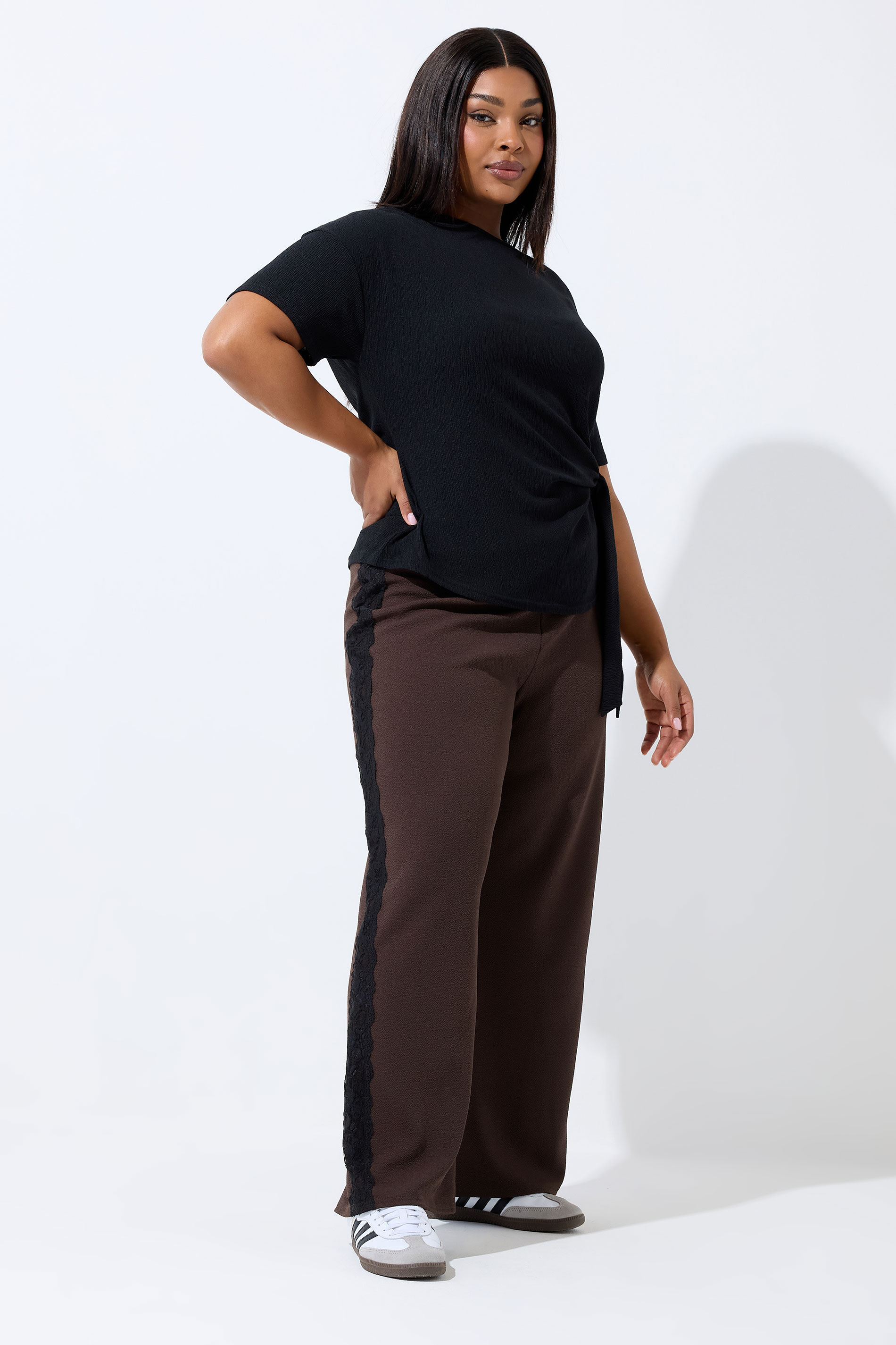 LIMITED COLLECTION Plus Size Chocolate Brown Lace Insert Trousers | Yours Clothing 1