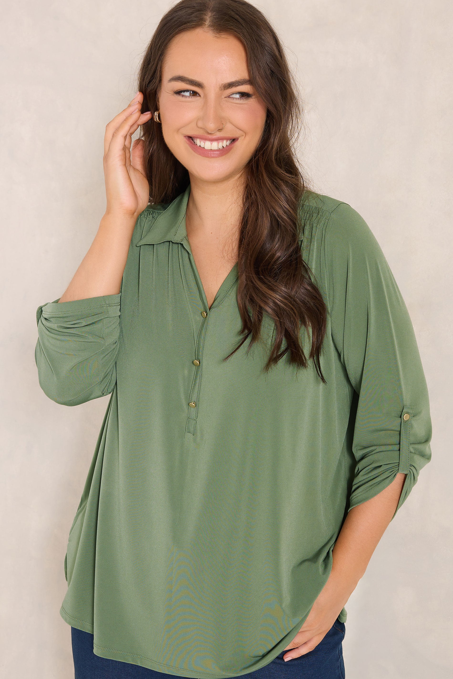 EVANS Plus Size Khaki Green Long Sleeve Blouse | Evans  3