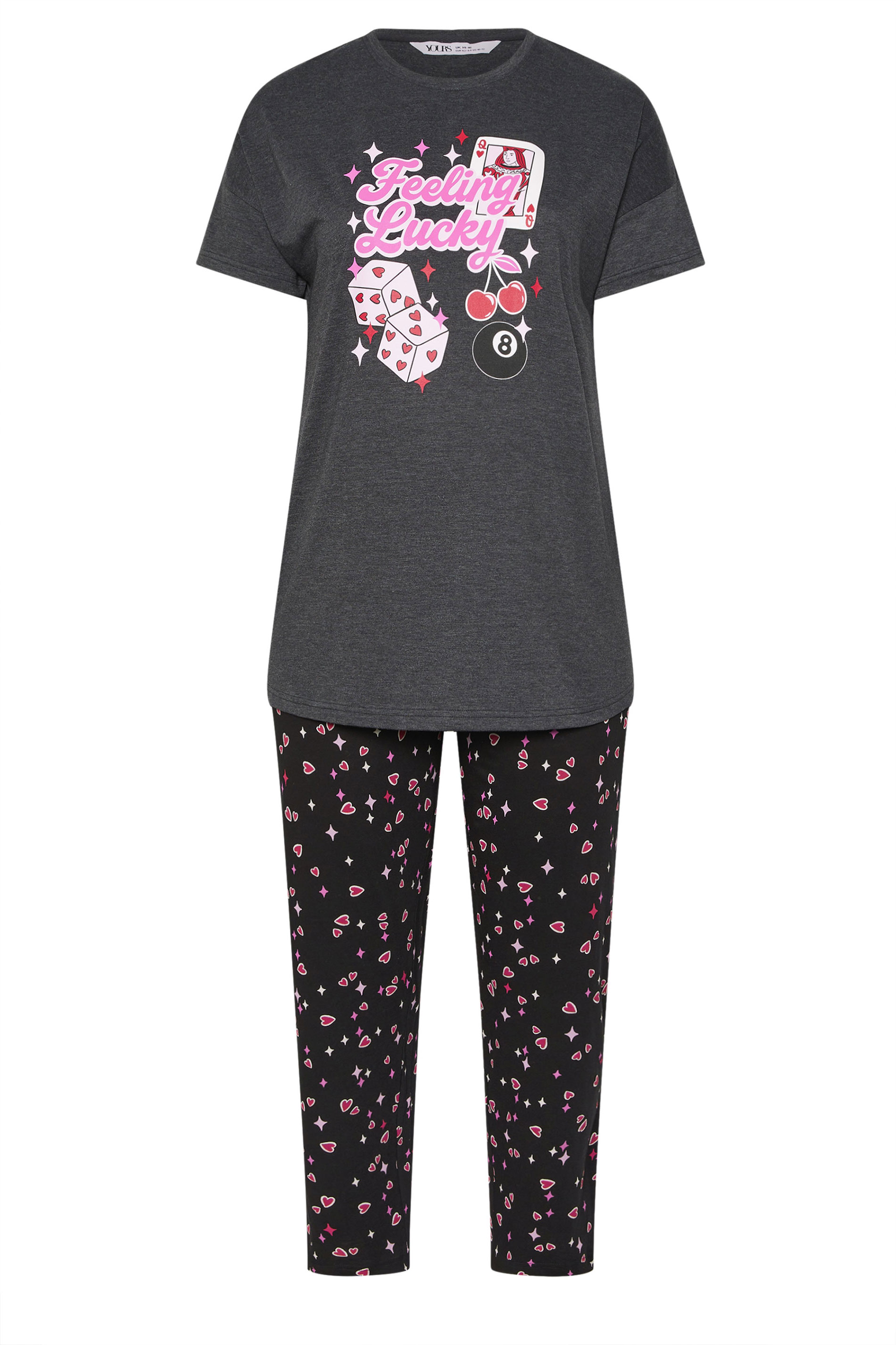 YOURS Plus Size Grey 'Feeling Lucky' Slogan Wide Leg Pyjama Set | Yours Clothing 5