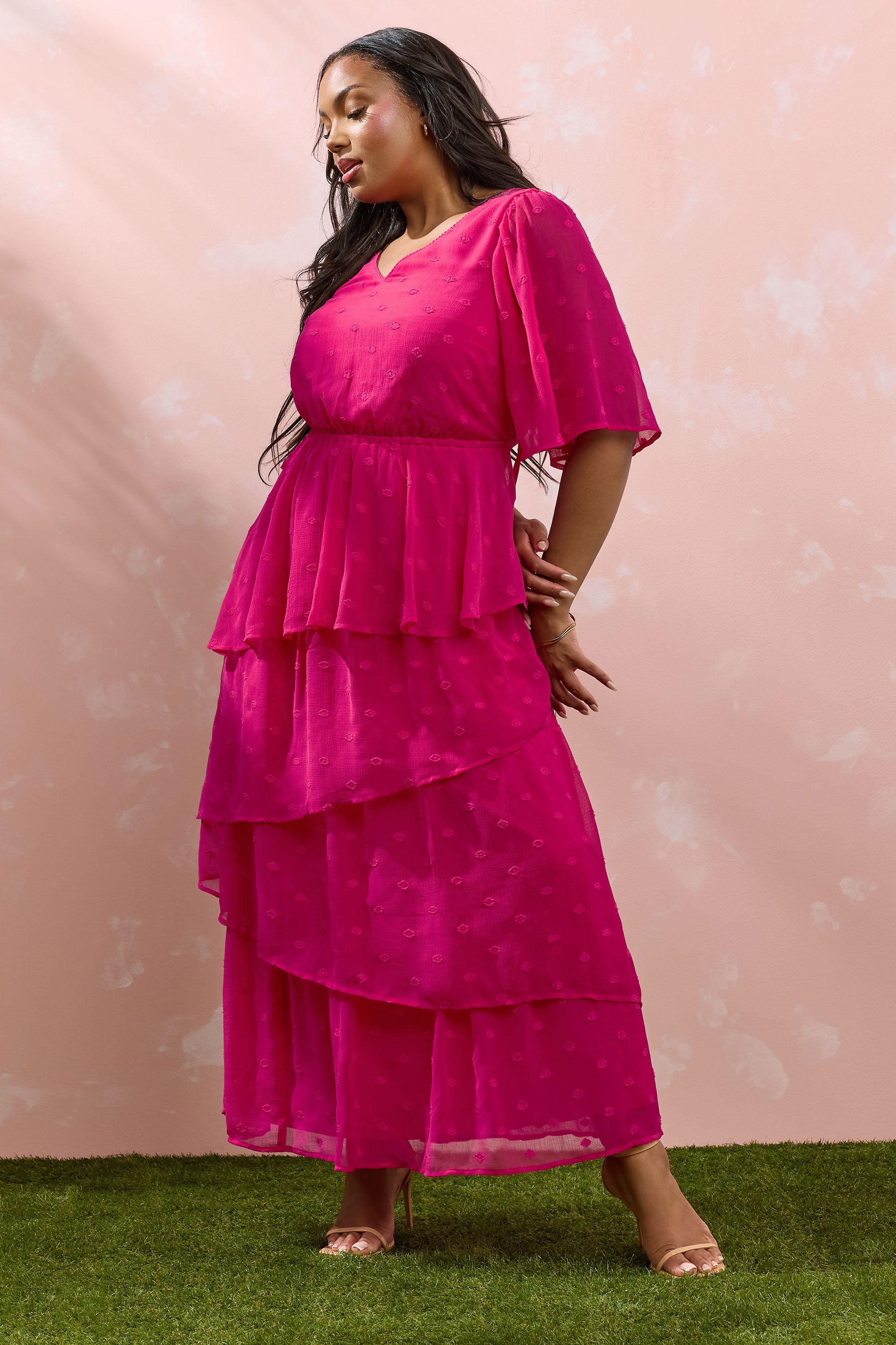 YOURS Plus Size Bright Pink Dobby Frill Maxi Dress | Yours Clothing 2