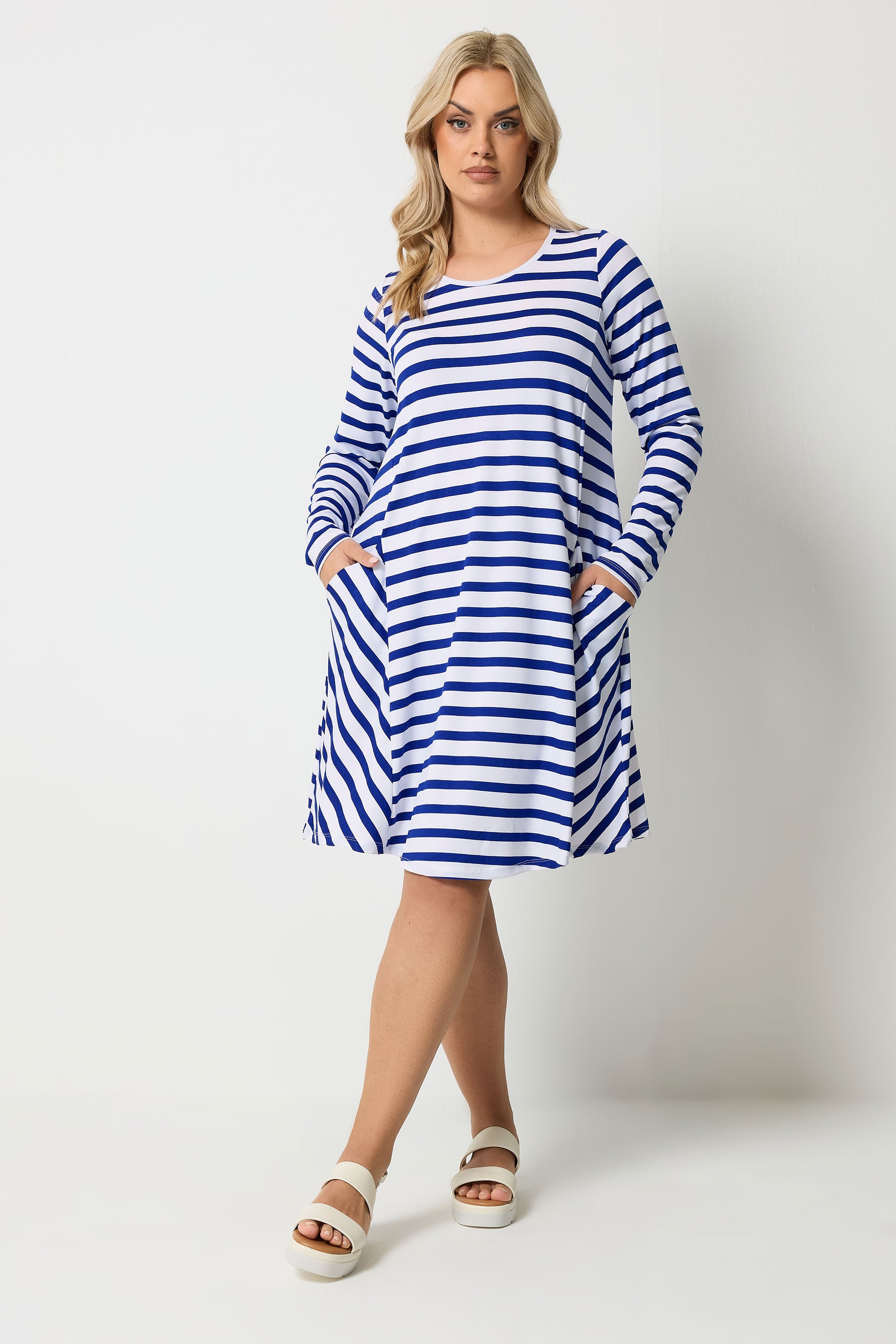 YOURS Plus Size Blue Stripe Drape Pocket Dress | Yours Clothing 1