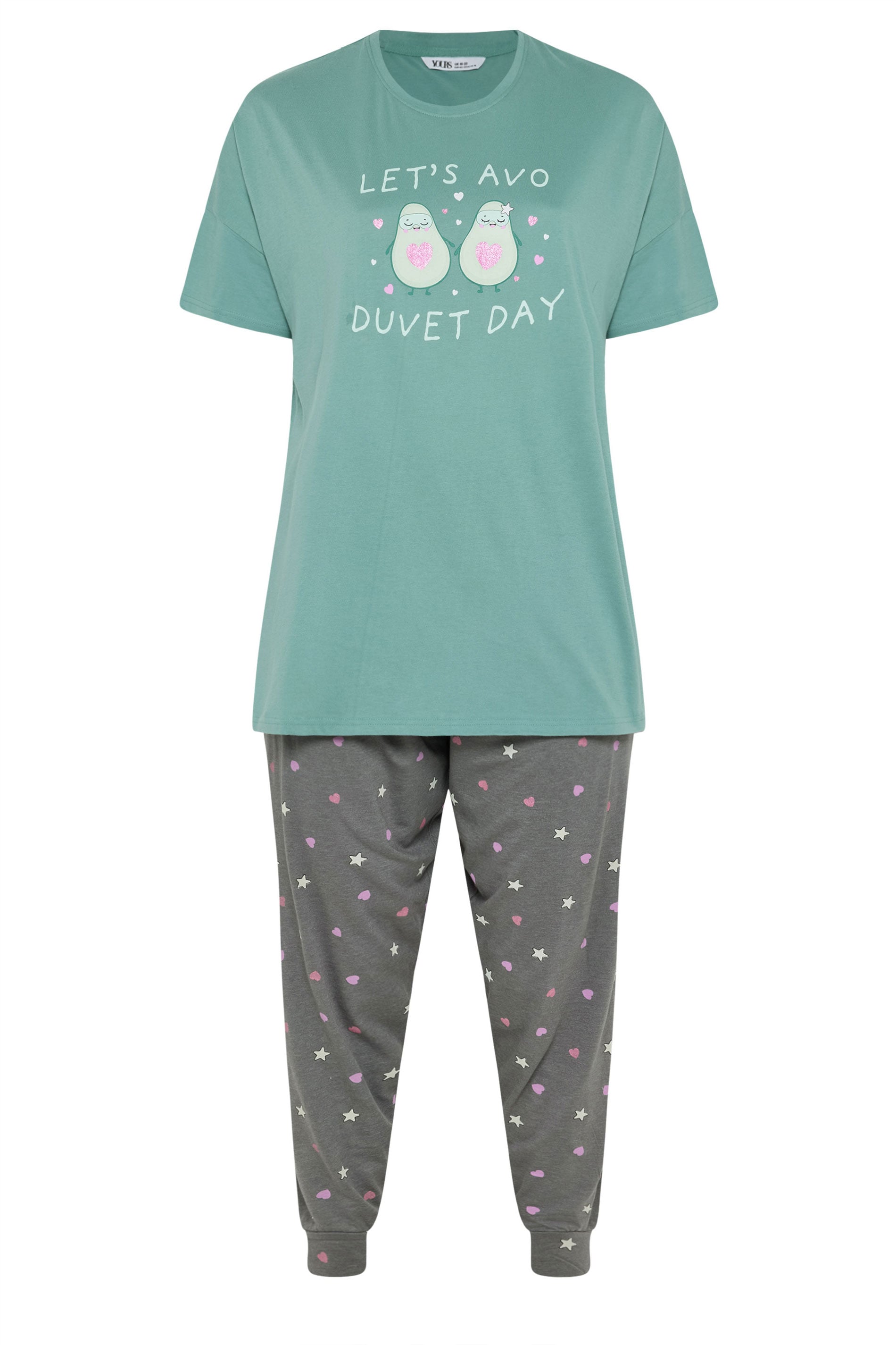 YOURS Plus Size Green 'Lets Avo A Duvet Day' Cuffed Pyjama Set | Yours Clothing 5