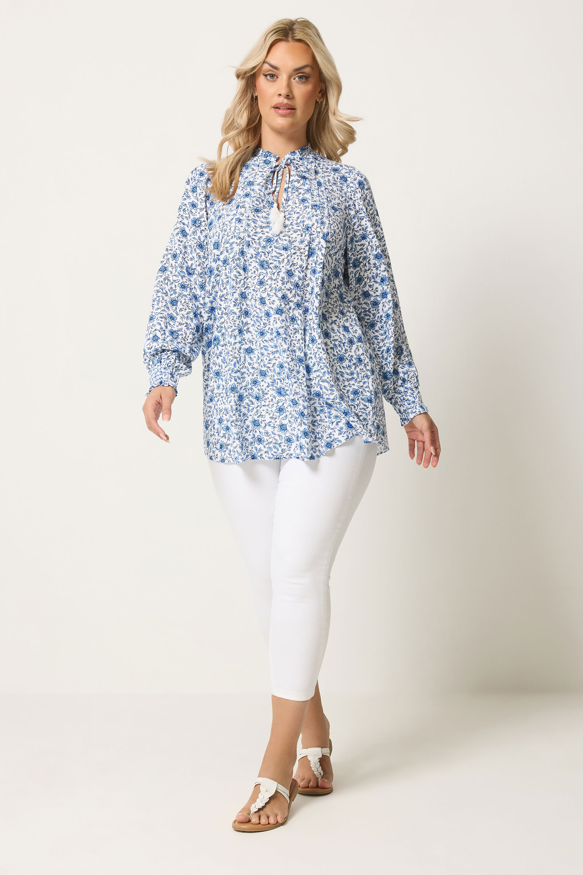 YOURS Plus Size Blue Floral Tie Neck Blouse | Yours Clothing 2